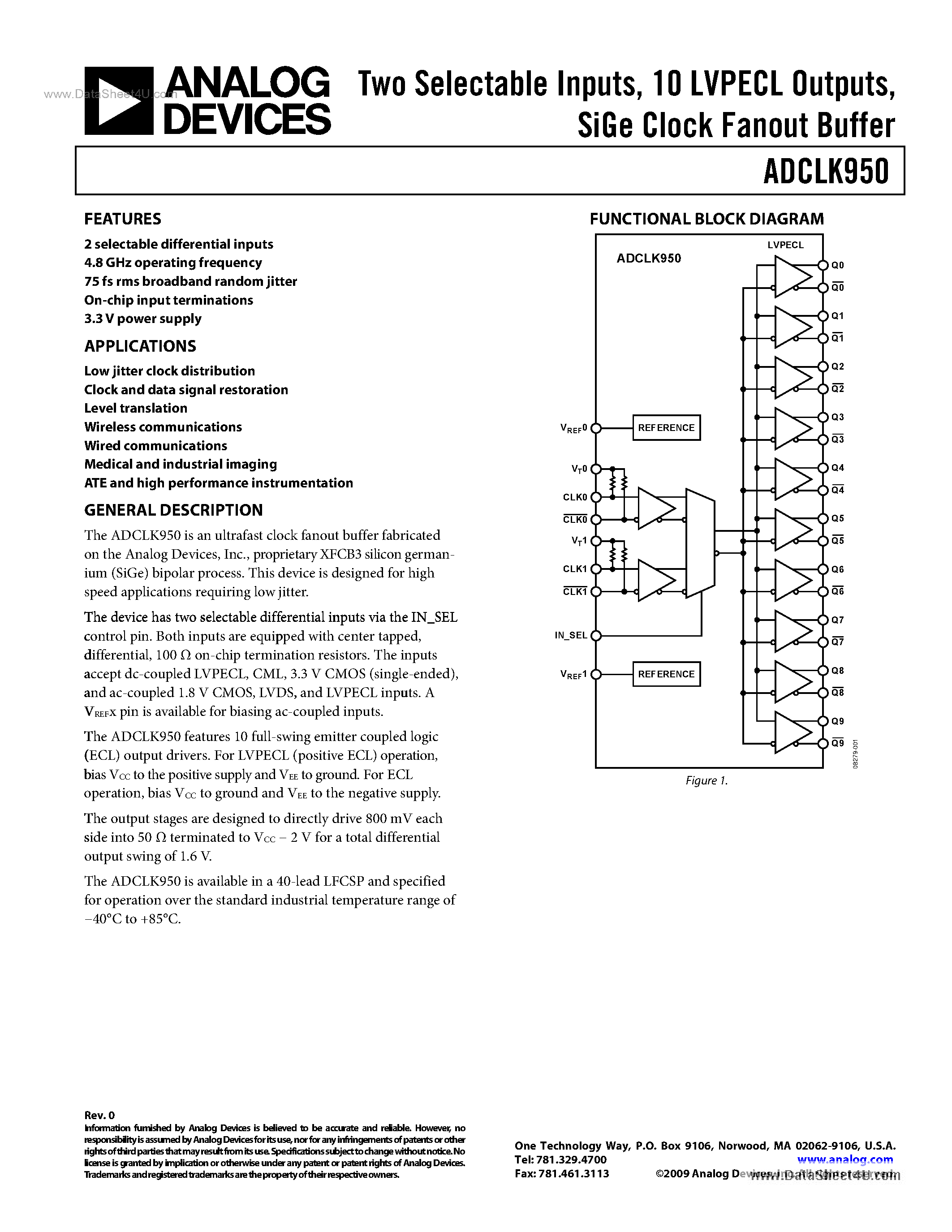Datasheet ADCLK950 - SiGe Clock Fanout Buffer page 1