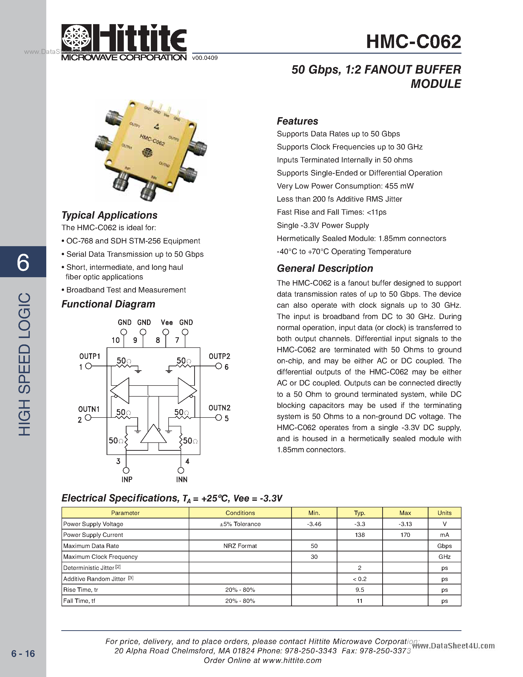 Datasheet HMC-C062 - 1:2 Fanout Buffer Module page 1