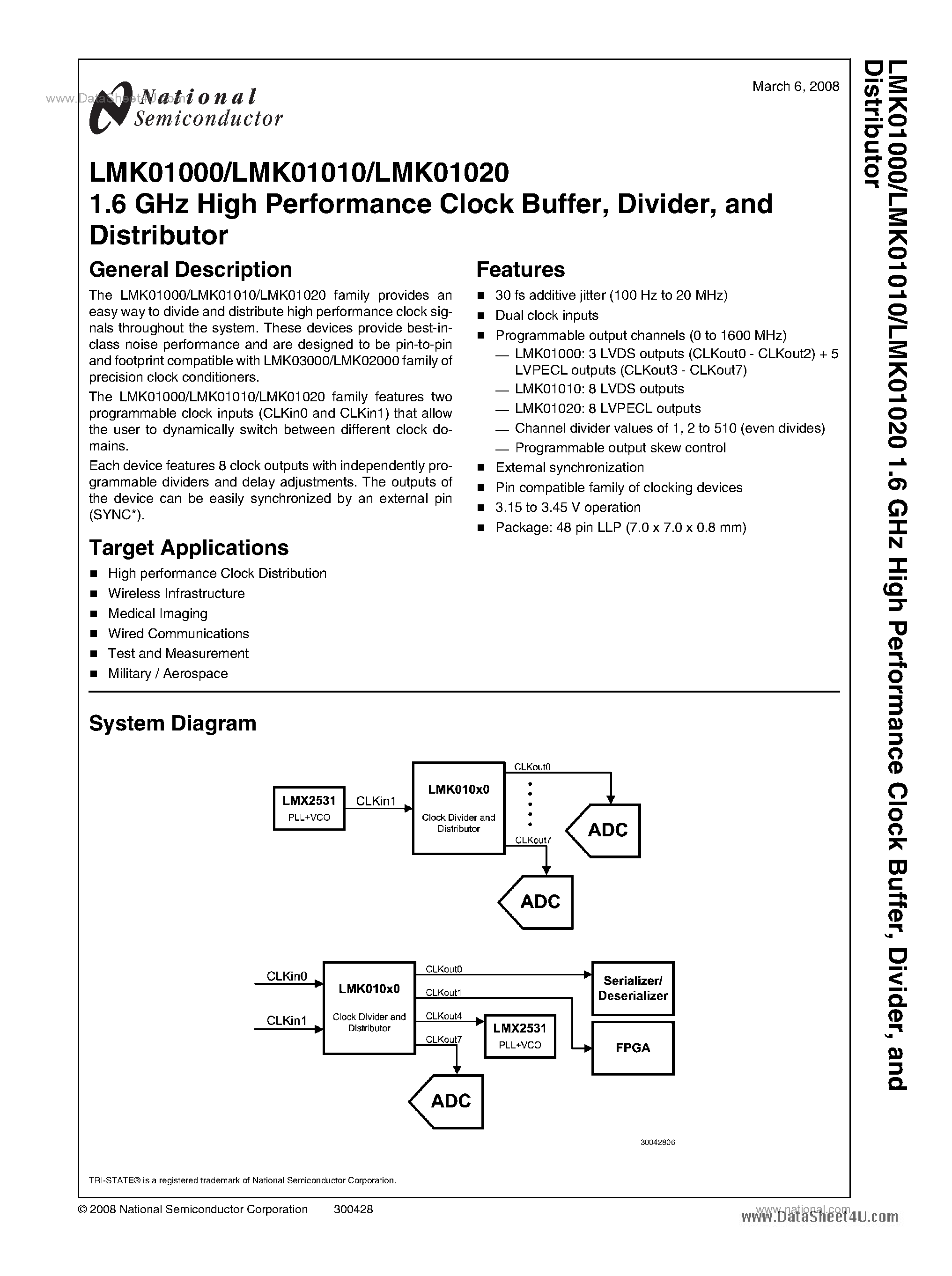 Datasheet LMK01000 page 1 Datasheet LMK01000 - (LMK01000 - LMK01020) 1.6 GHz High Performance Clock Buffer page 1