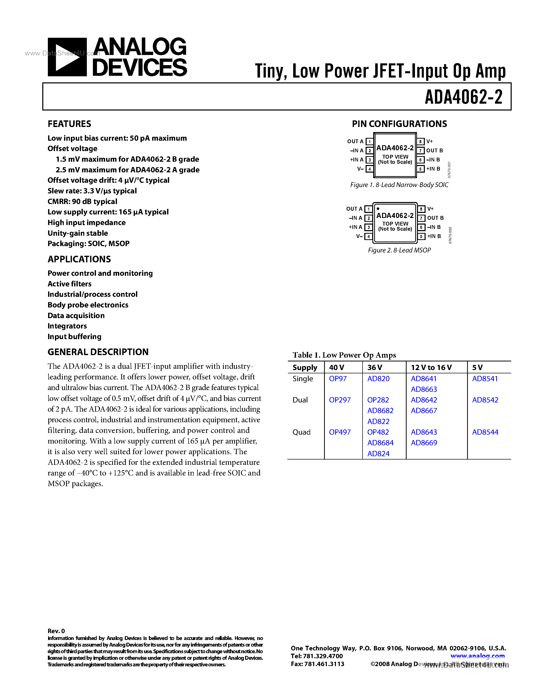 Даташит на микросхему ADA4062-2 страница 1 Даташит ADA4062-2 - Low Power JFET-Input Op Amp страница 1