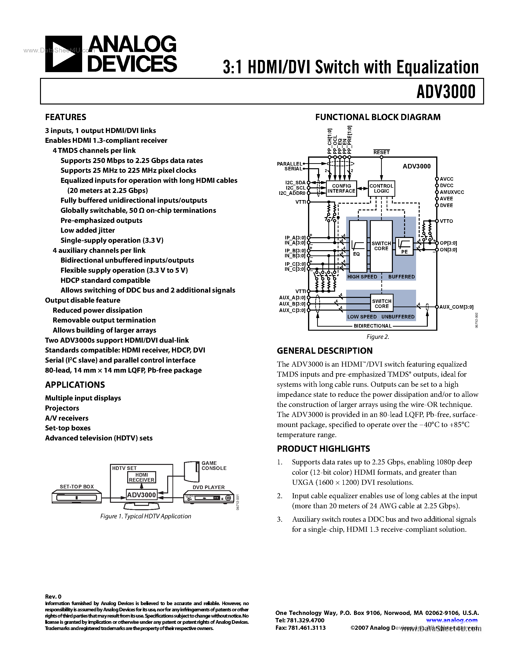 Datasheet ADV3000 page 1 Datasheet ADV3000 - 3:1 HDMI/DVI Switch page 1