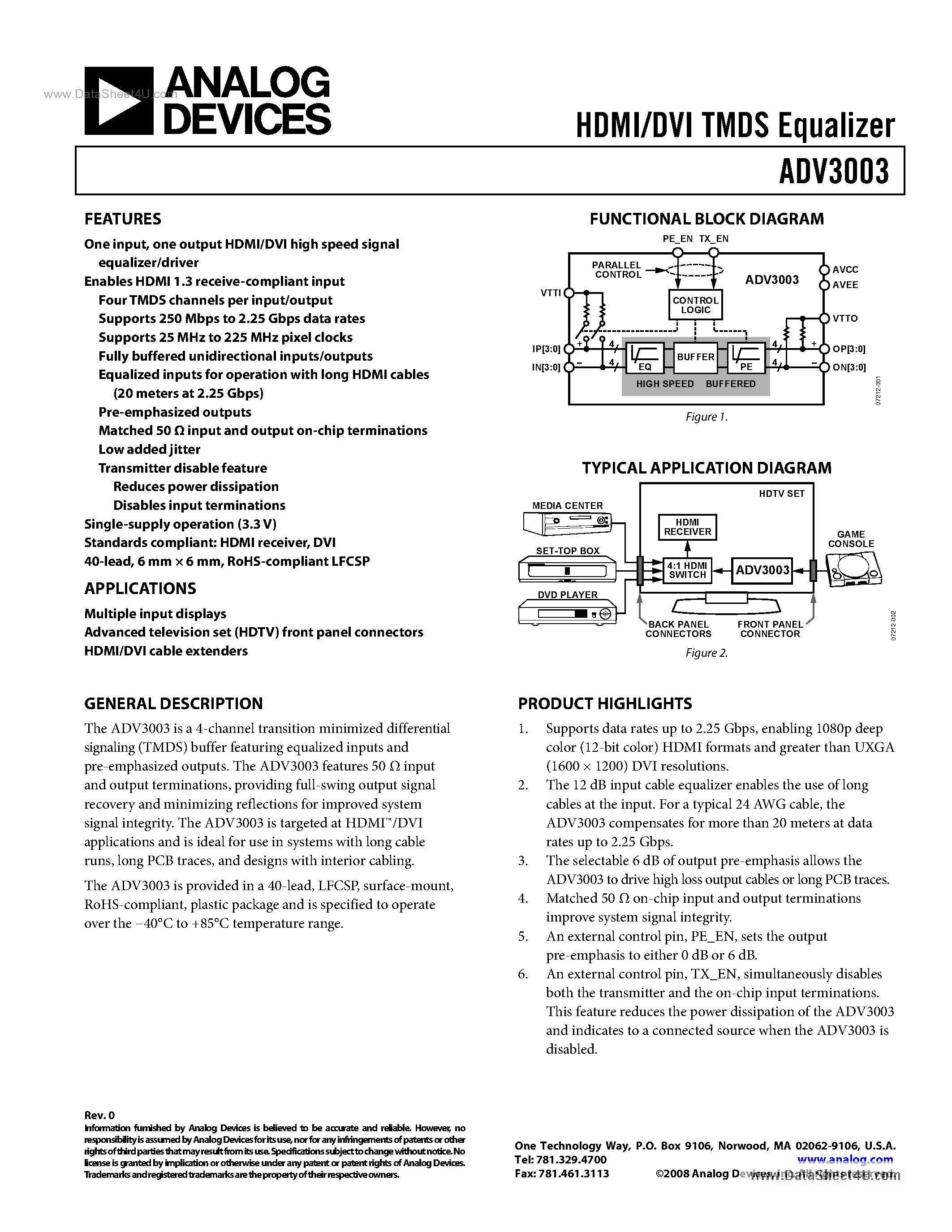 Datasheet ADV3003 - HDMI/DVI TMDS Equalizer page 1