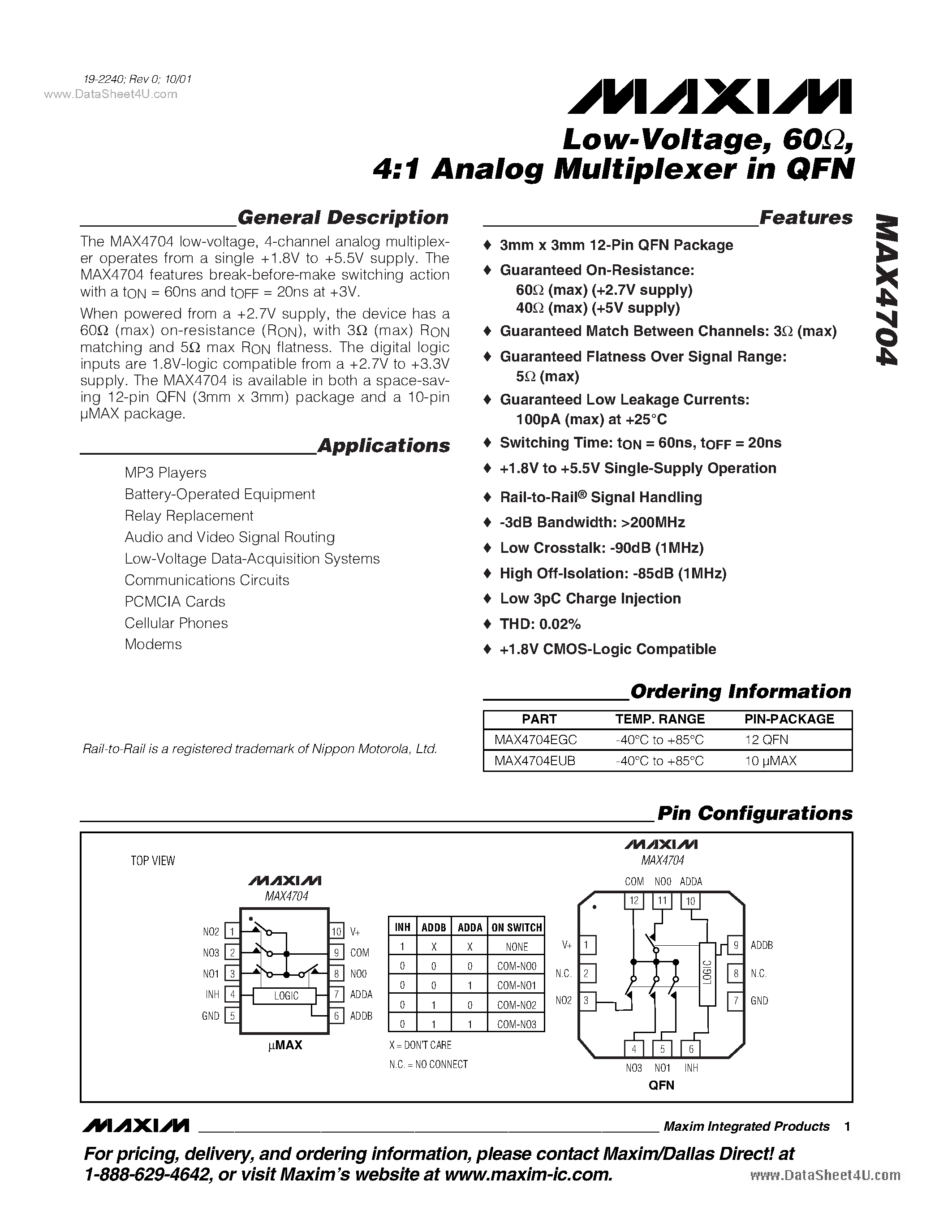 Datasheet MAX4704 - 4:1 Analog Multiplexer page 1
