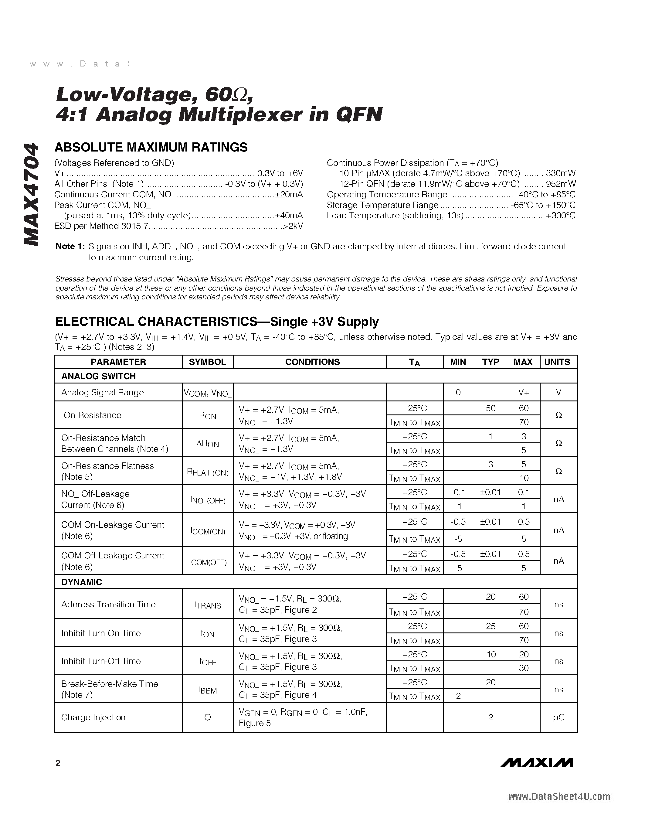 Datasheet MAX4704 - 4:1 Analog Multiplexer page 2