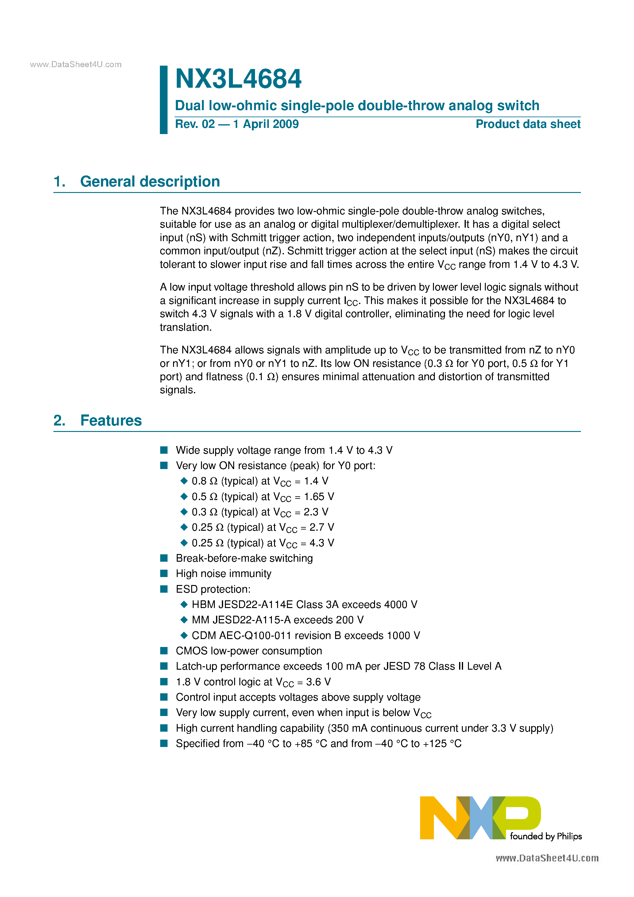 Datasheet NX3L4684 - Low-ohmic Dual Single-pole Double-throw Analog Switch page 1
