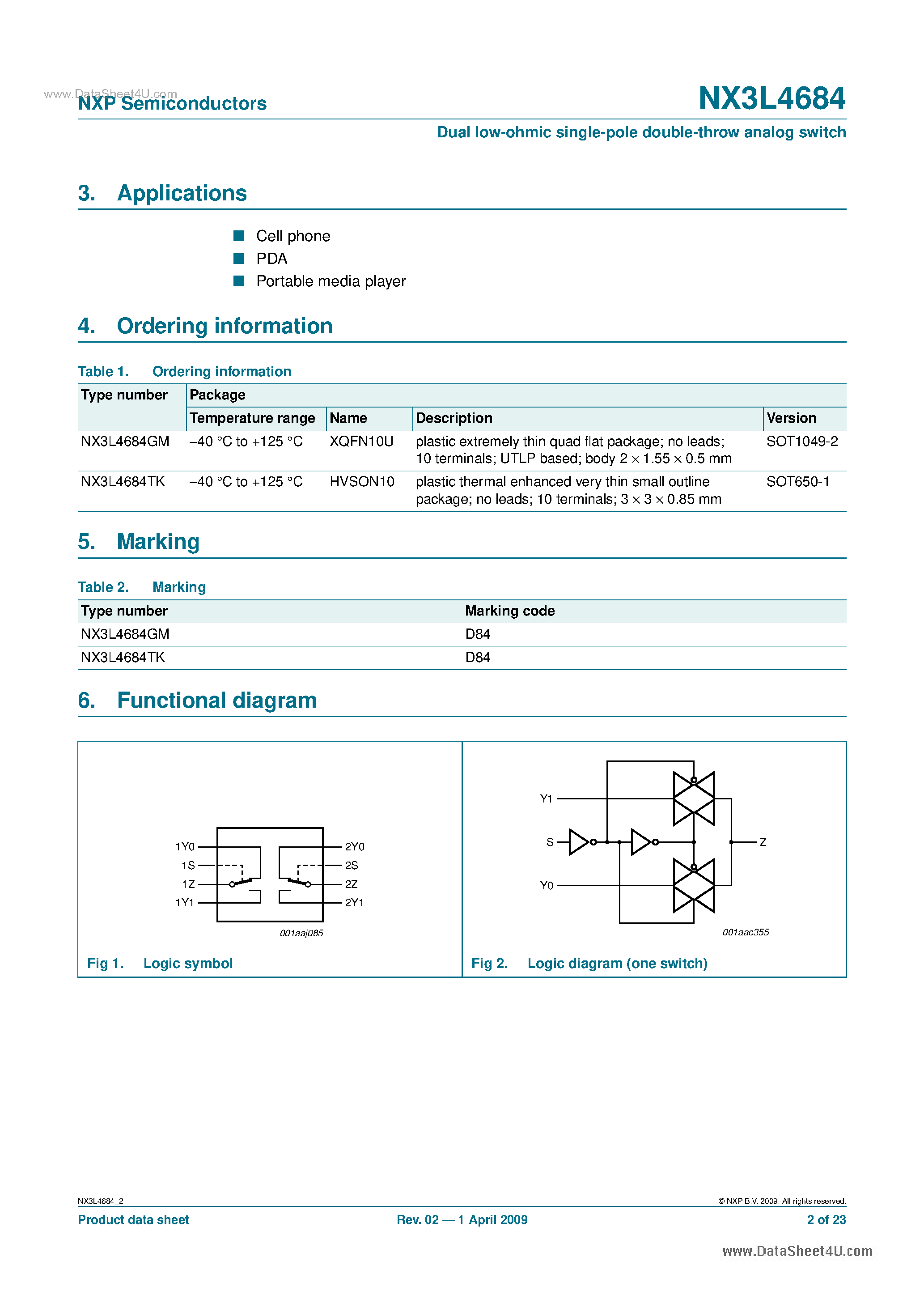 Datasheet NX3L4684 - Low-ohmic Dual Single-pole Double-throw Analog Switch page 2