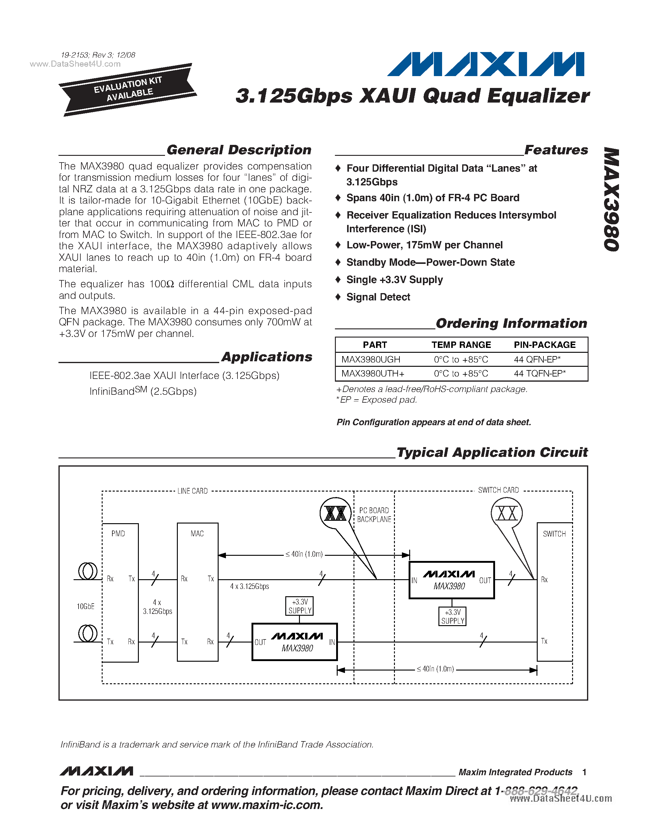Datasheet MAX3980 - 3.125Gbps Xaui Quad Equalizer page 1