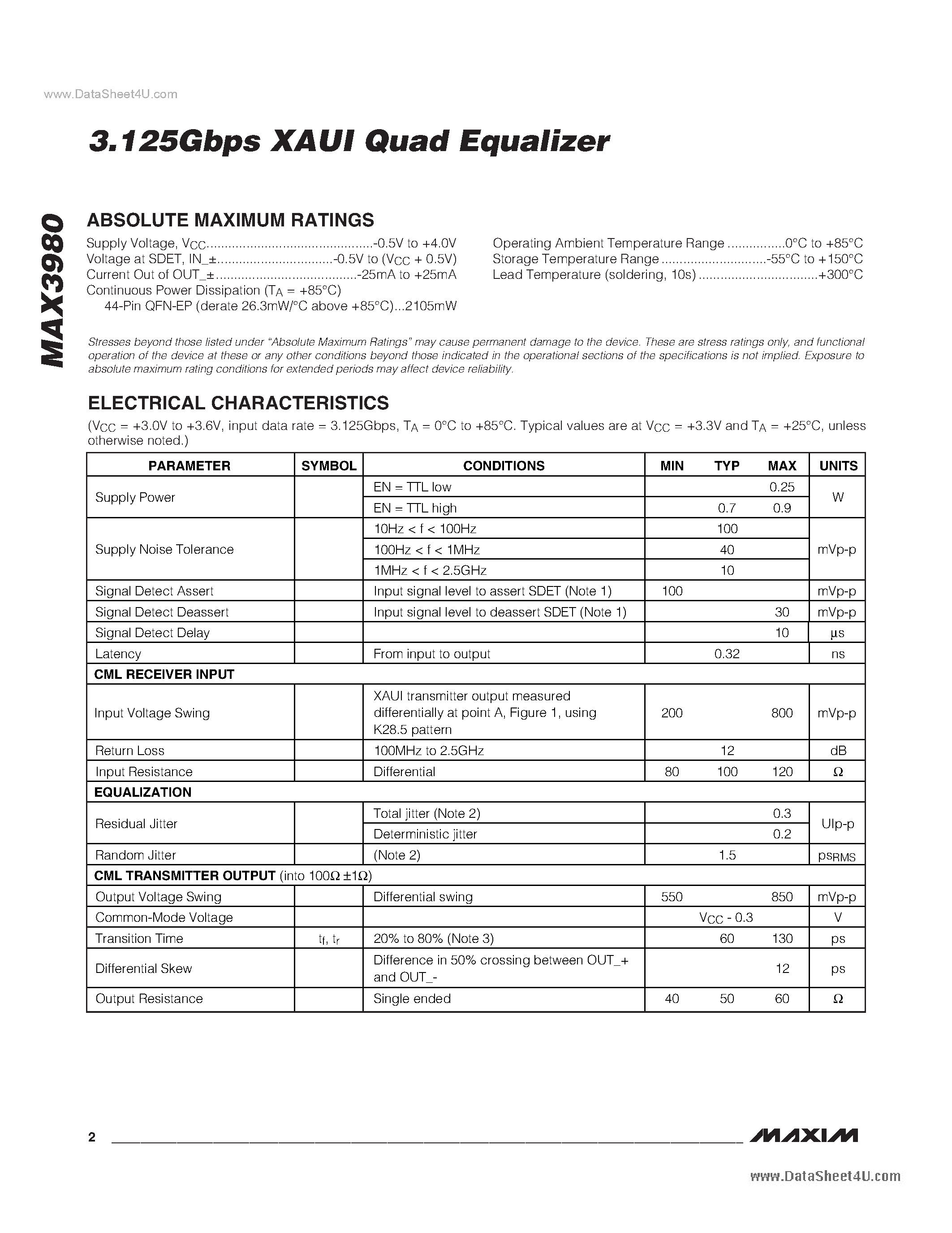 Datasheet MAX3980 - 3.125Gbps Xaui Quad Equalizer page 2