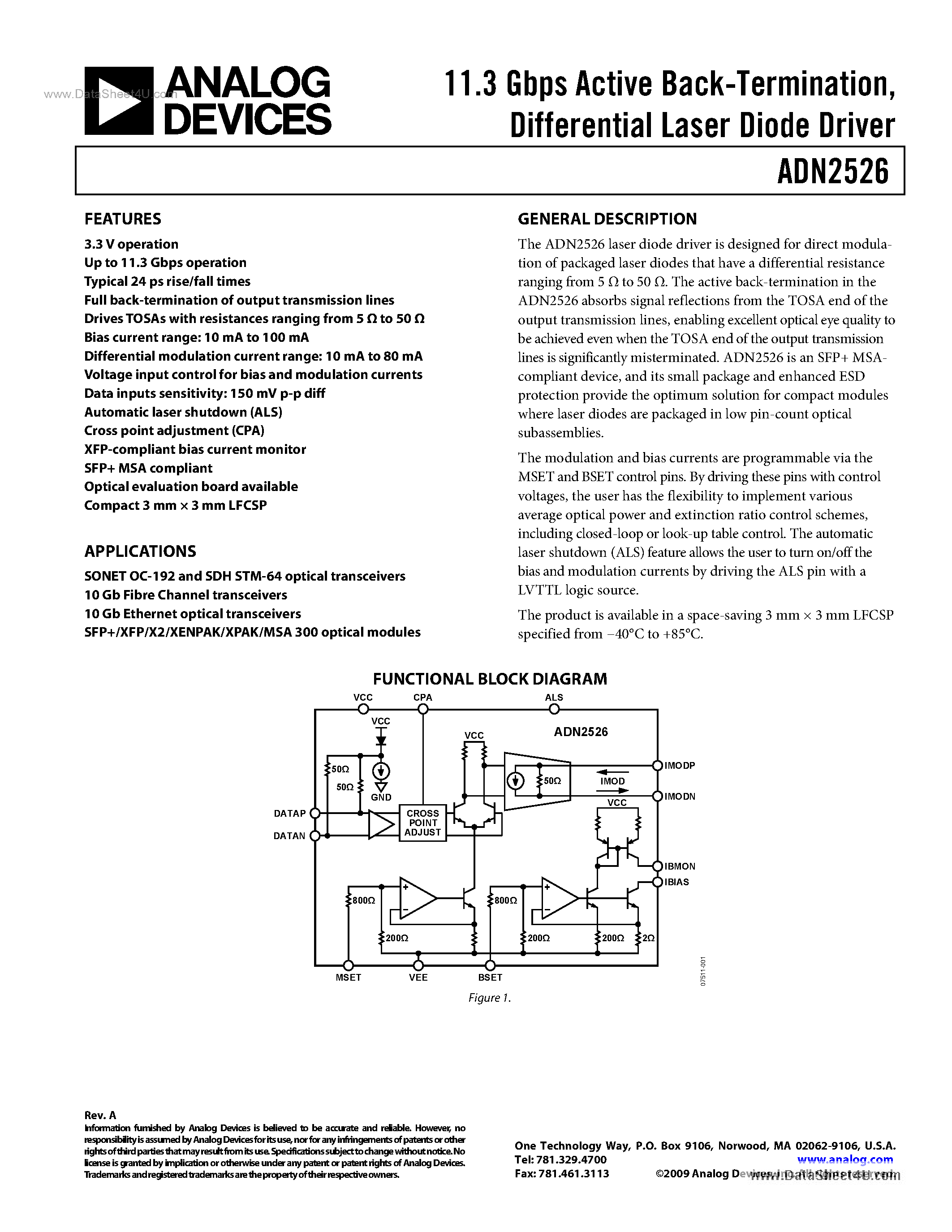Даташит на микросхему ADN2526 страница 1 Даташит ADN2526 - 11.3 Gbps Active Back-Termination Differential Laser Diode Driver страница 1
