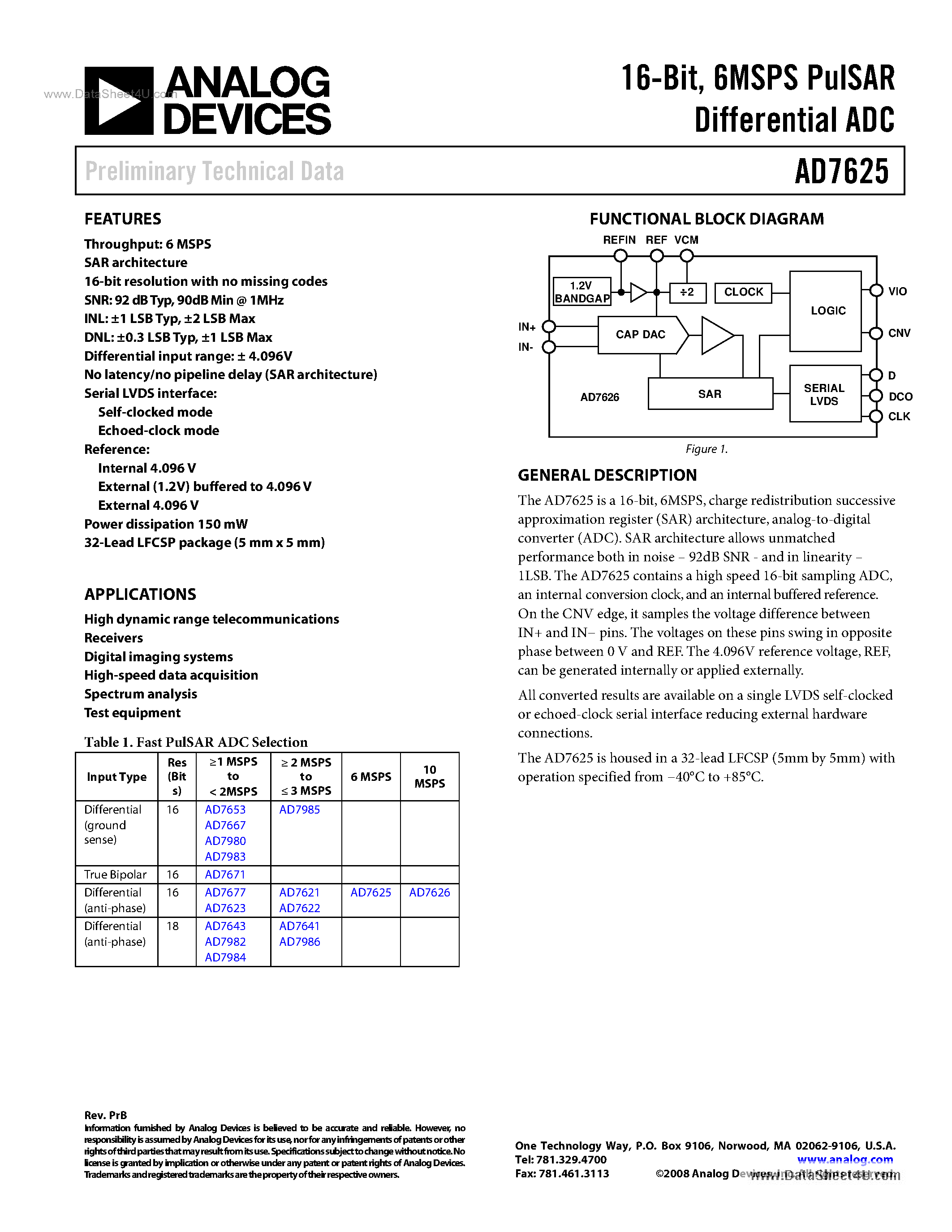 Datasheet AD7625 - 6MSPS PulSAR Differential ADC page 1