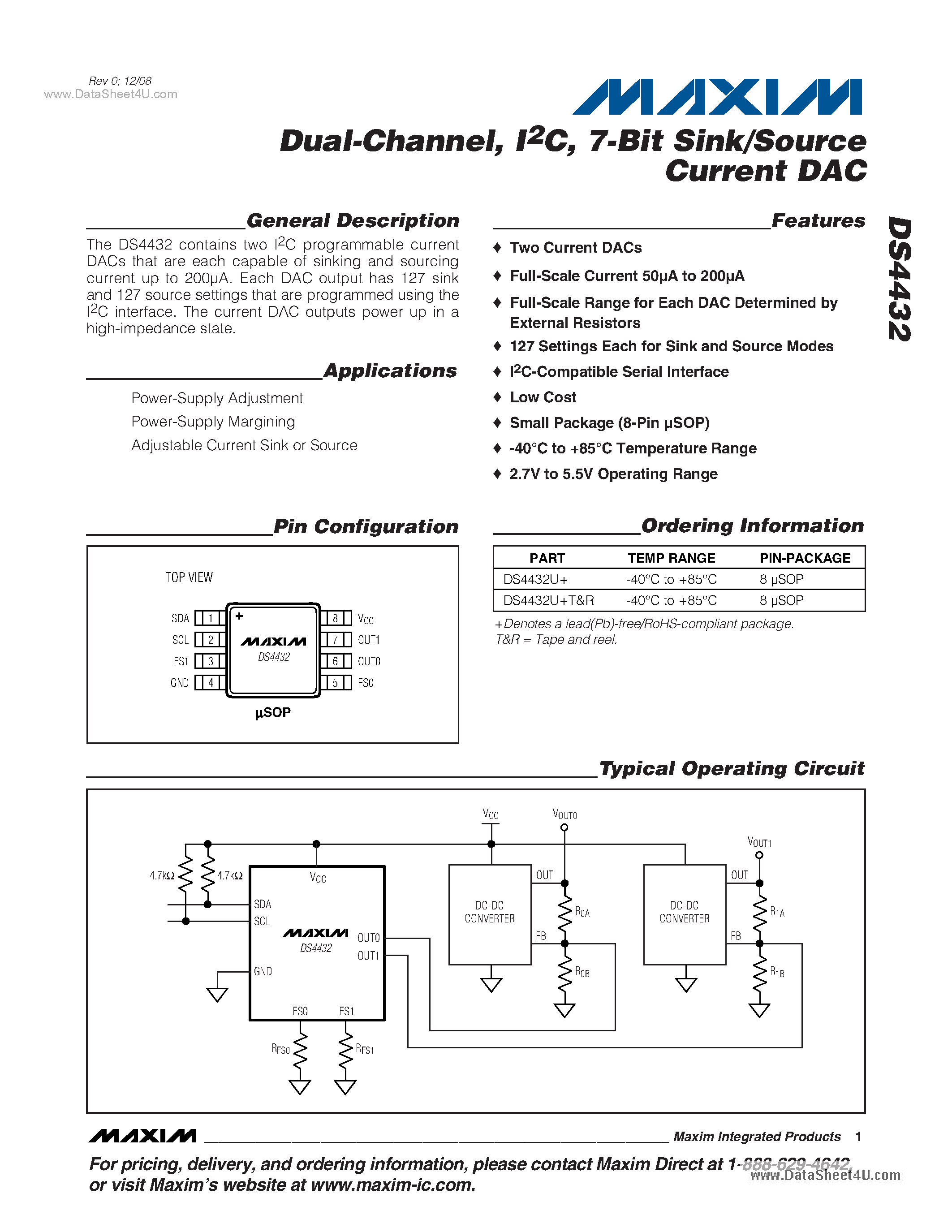 Datasheet DS4432 - Sink/Source Current DAC page 1