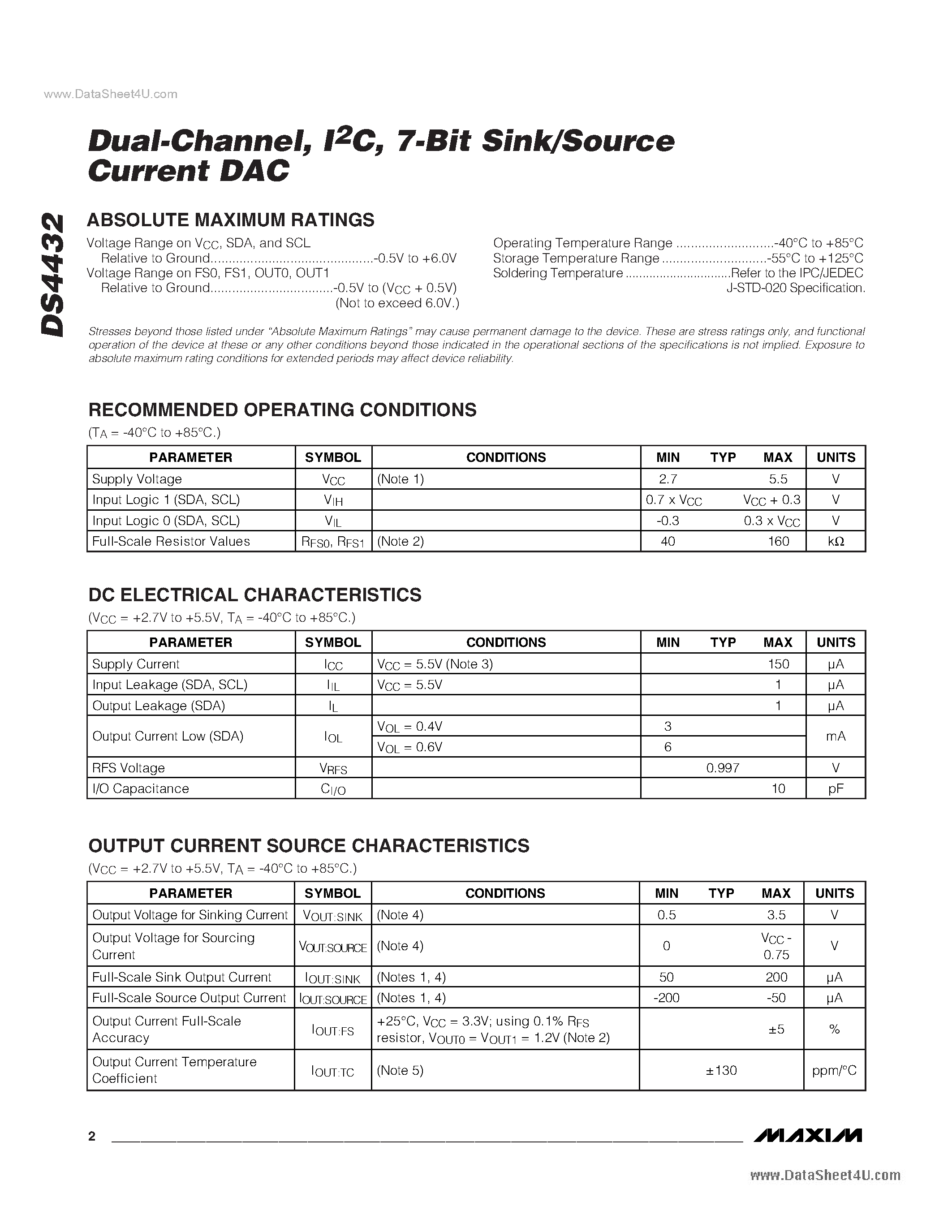 Datasheet DS4432 - Sink/Source Current DAC page 2