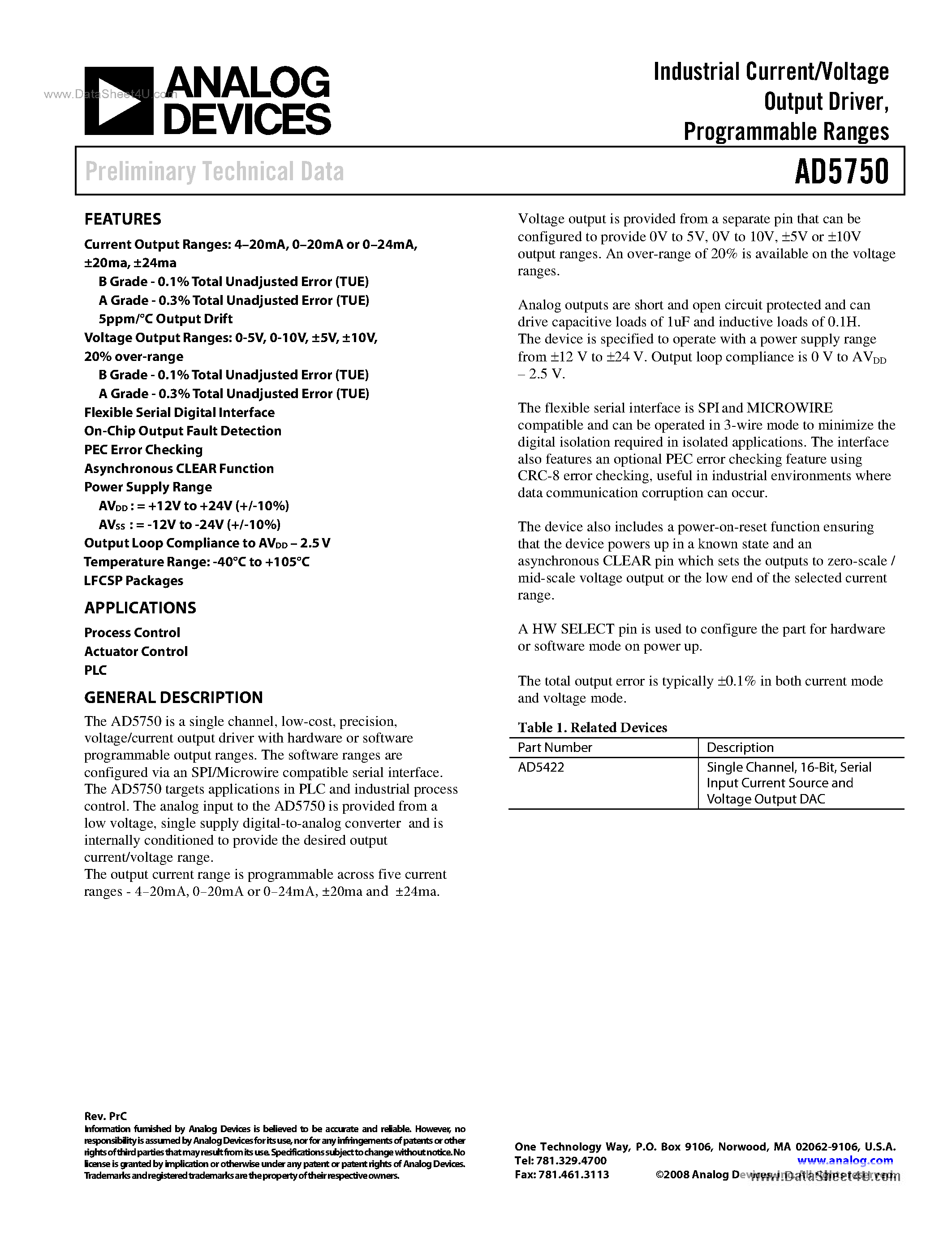 Datasheet AD5750 page 1 Datasheet AD5750 - Industrial Current/Voltage Output Driver page 1