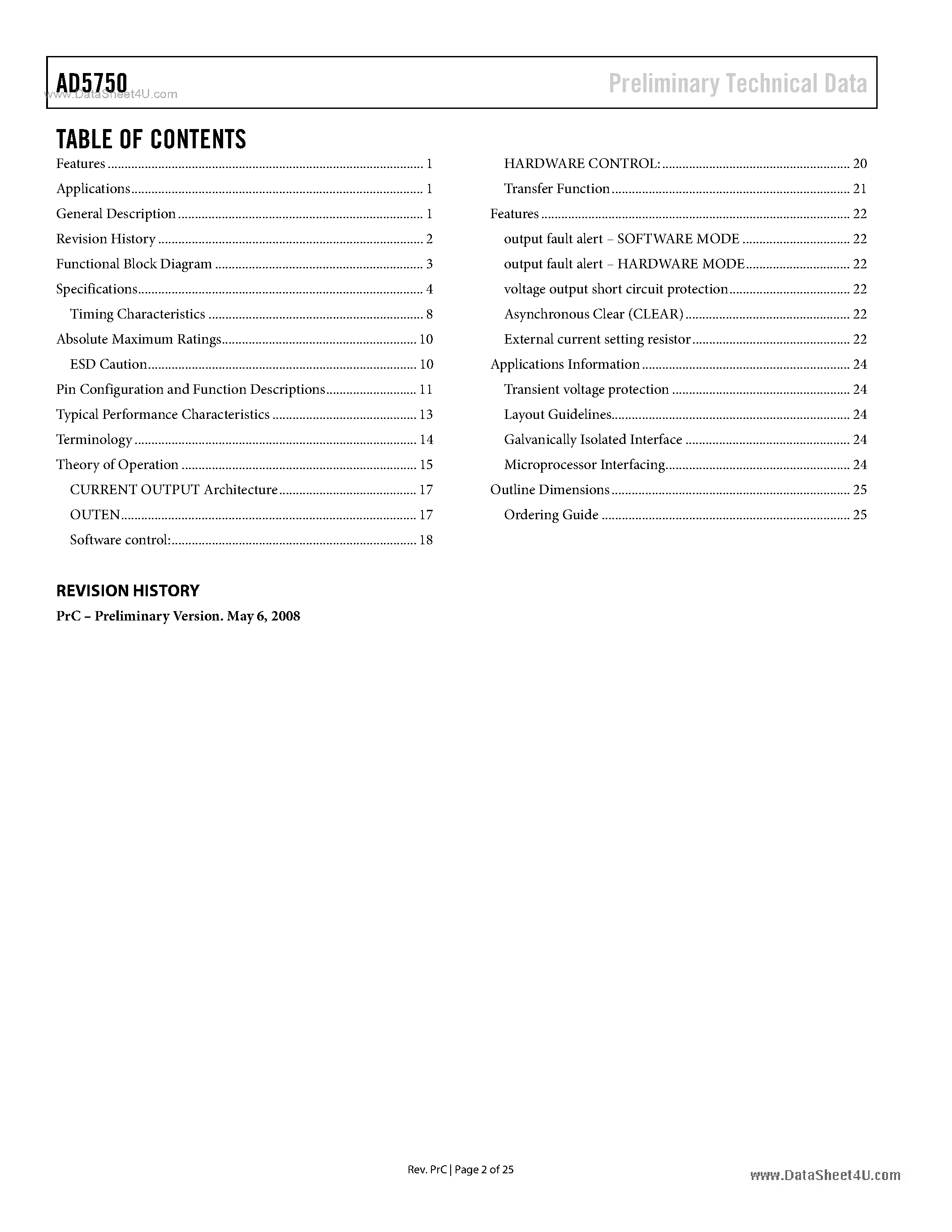 Datasheet AD5750 page 2 Datasheet AD5750 - Industrial Current/Voltage Output Driver page 2