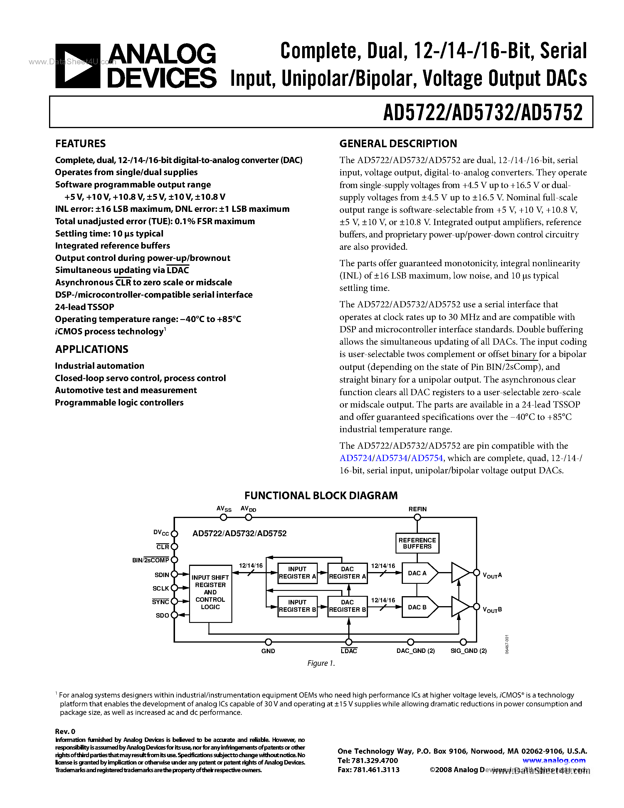 Даташит на микросхему AD5722 страница 1 Даташит AD5722 - (AD57x2) Voltage Output DACs страница 1