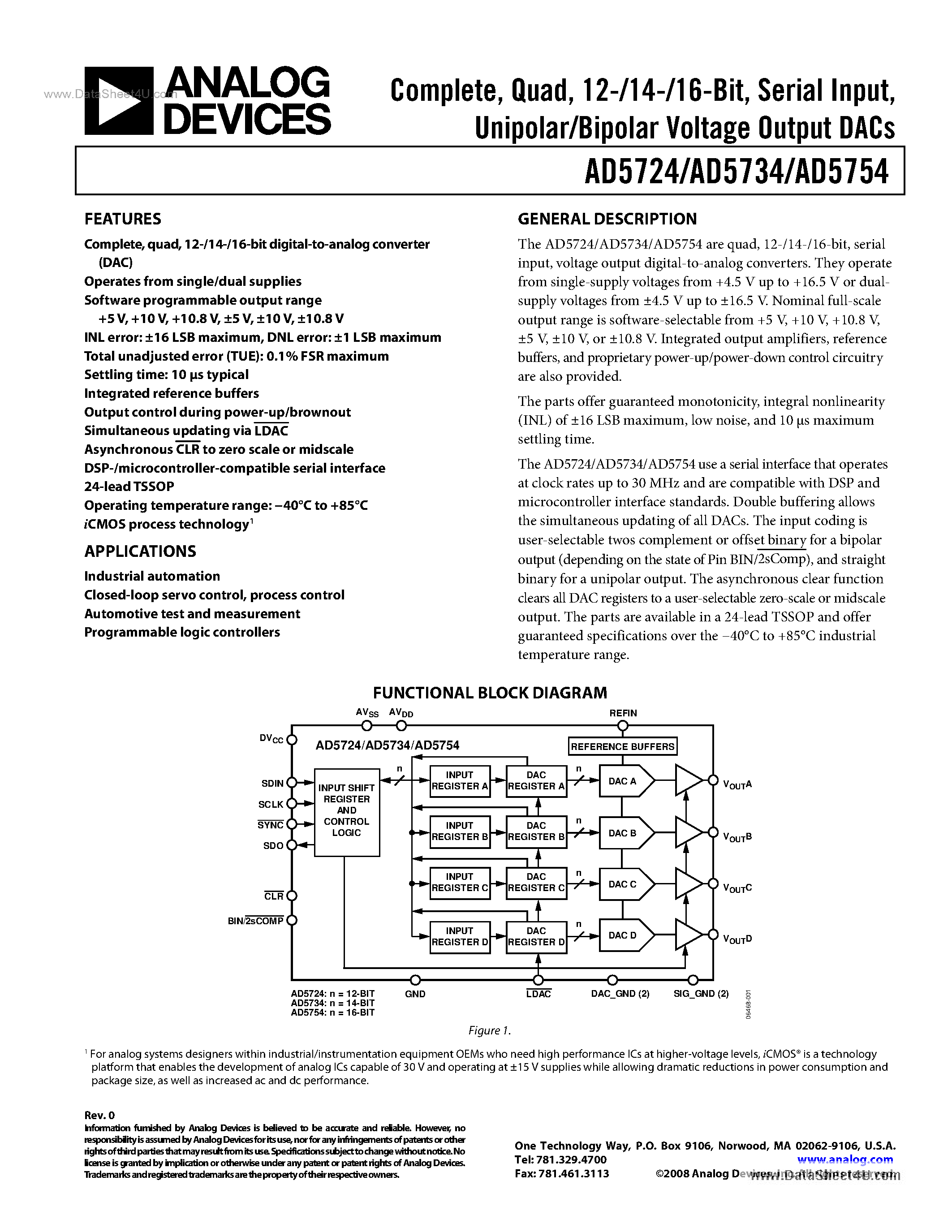 Даташит на микросхему AD5724 страница 1 Даташит AD5724 - (AD57x4) Unipolar/Bipolar Voltage Output DACs страница 1