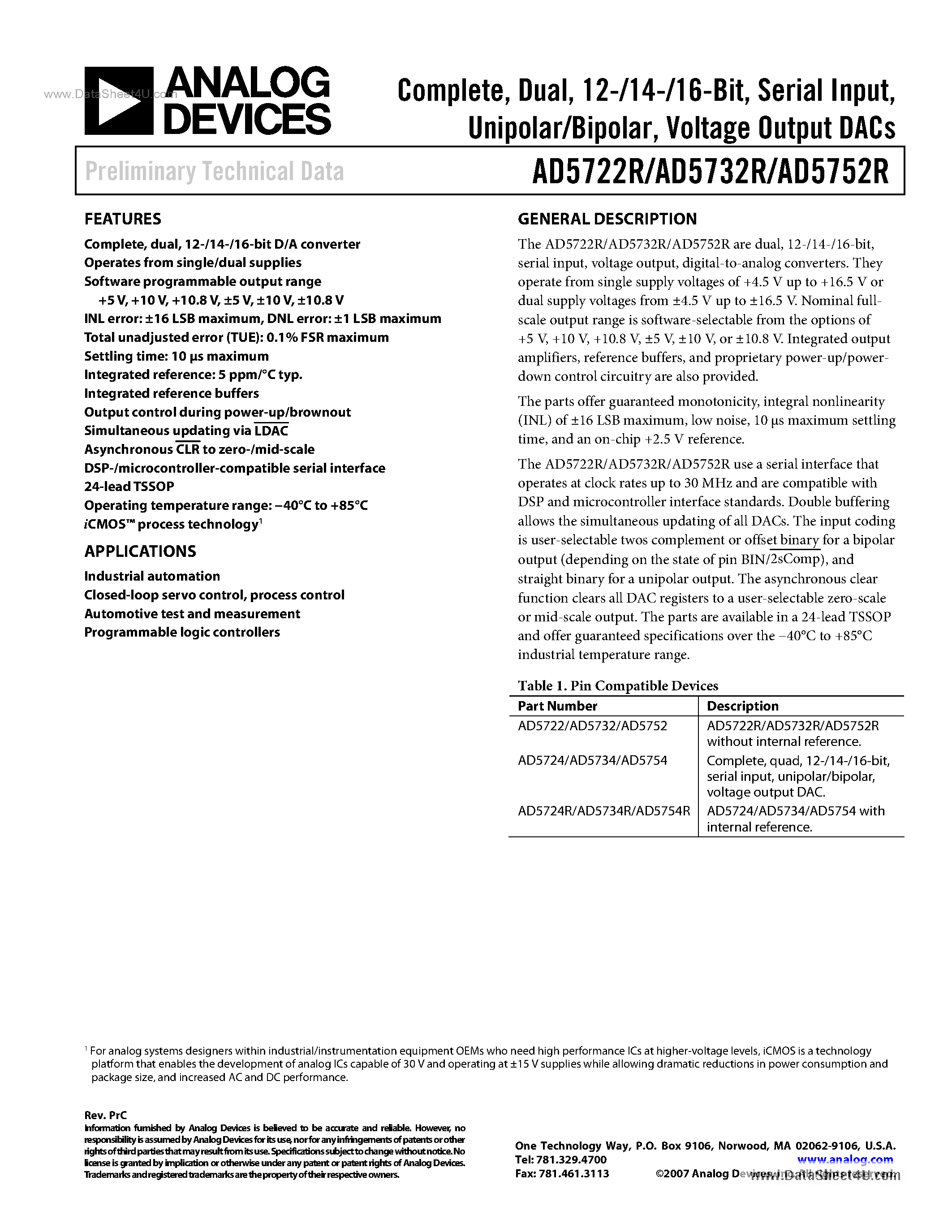 Даташит на микросхему AD5722R страница 1 Даташит AD5722R - (AD57x2R) Voltage Output DACs страница 1