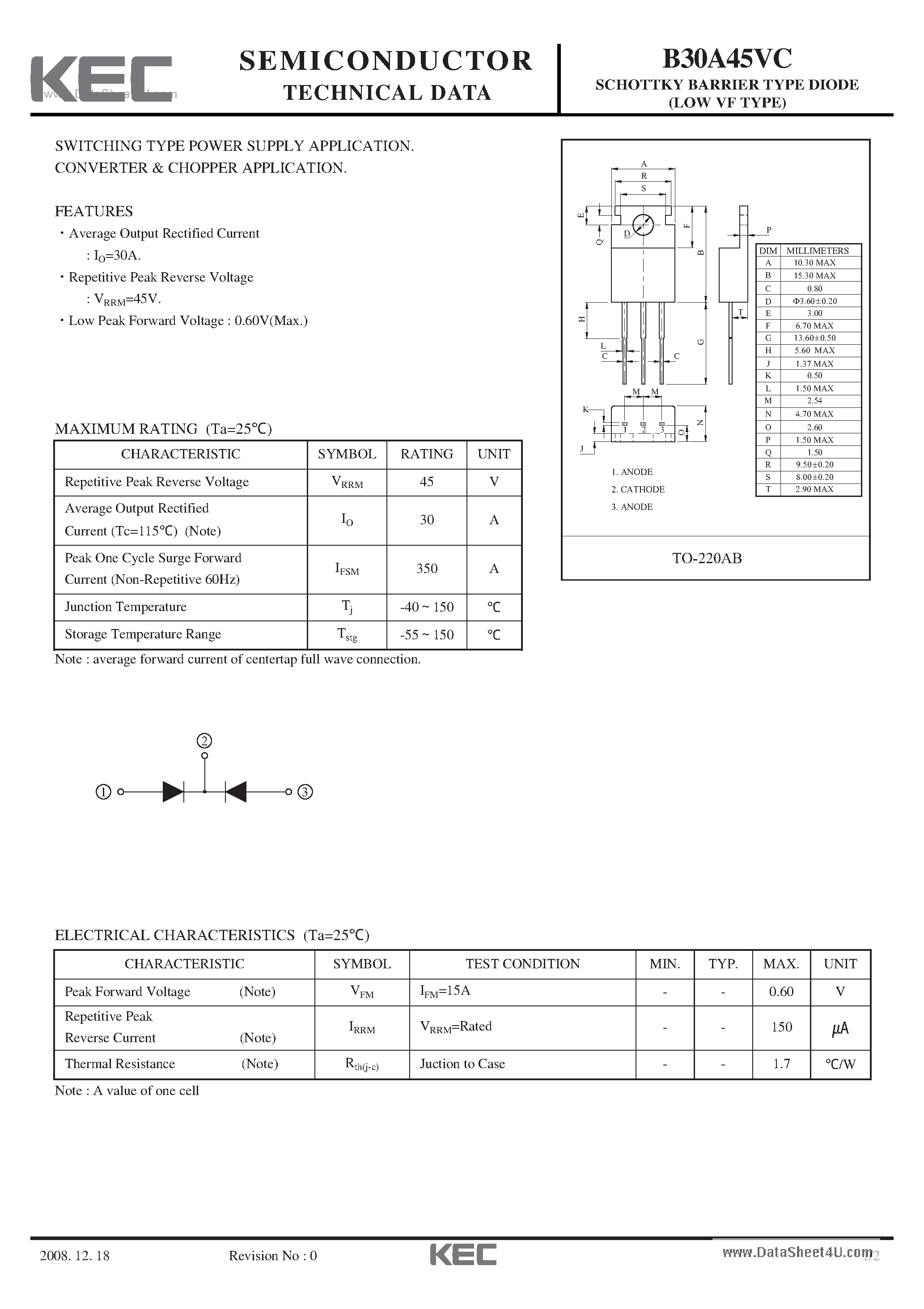 Datasheet B30A45VC page 1 Datasheet B30A45VC - Schottky Barrier Diode page 1