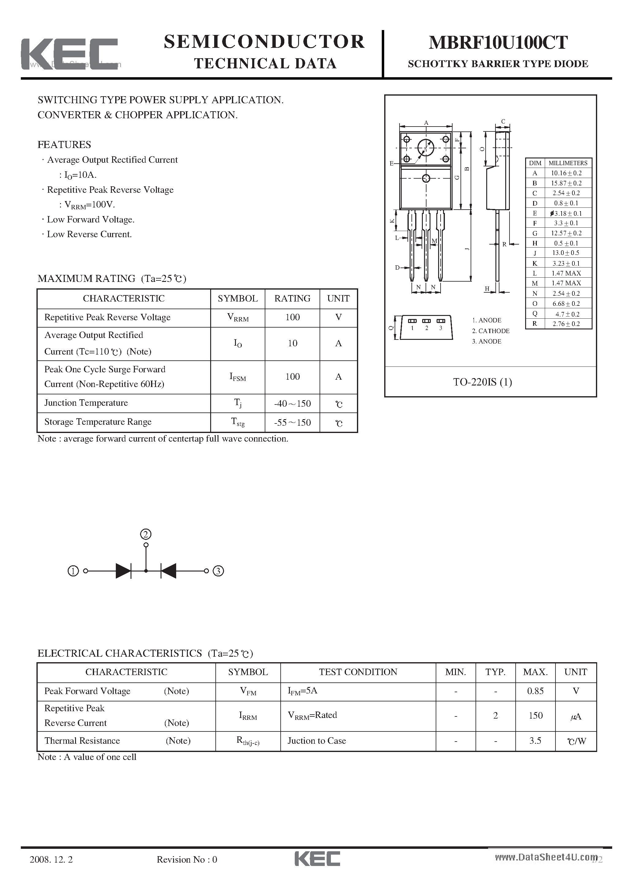 Datasheet MBRF10U100CT page 1 Datasheet MBRF10U100CT - Diode Schottky Barrier Diode page 1