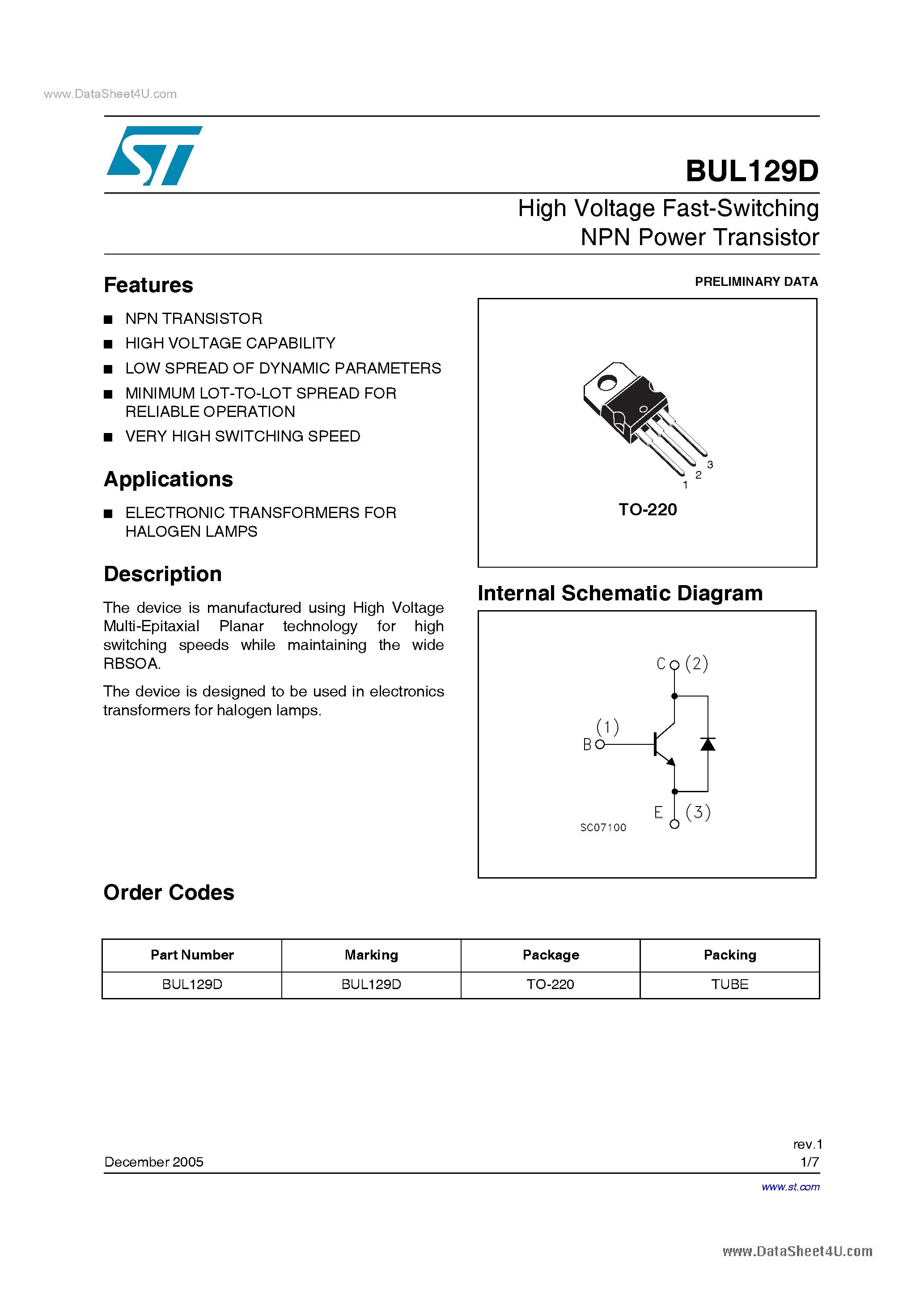 Datasheet BUL129D page 1 Datasheet BUL129D - High voltage fast-switching NPN power transistor page 1