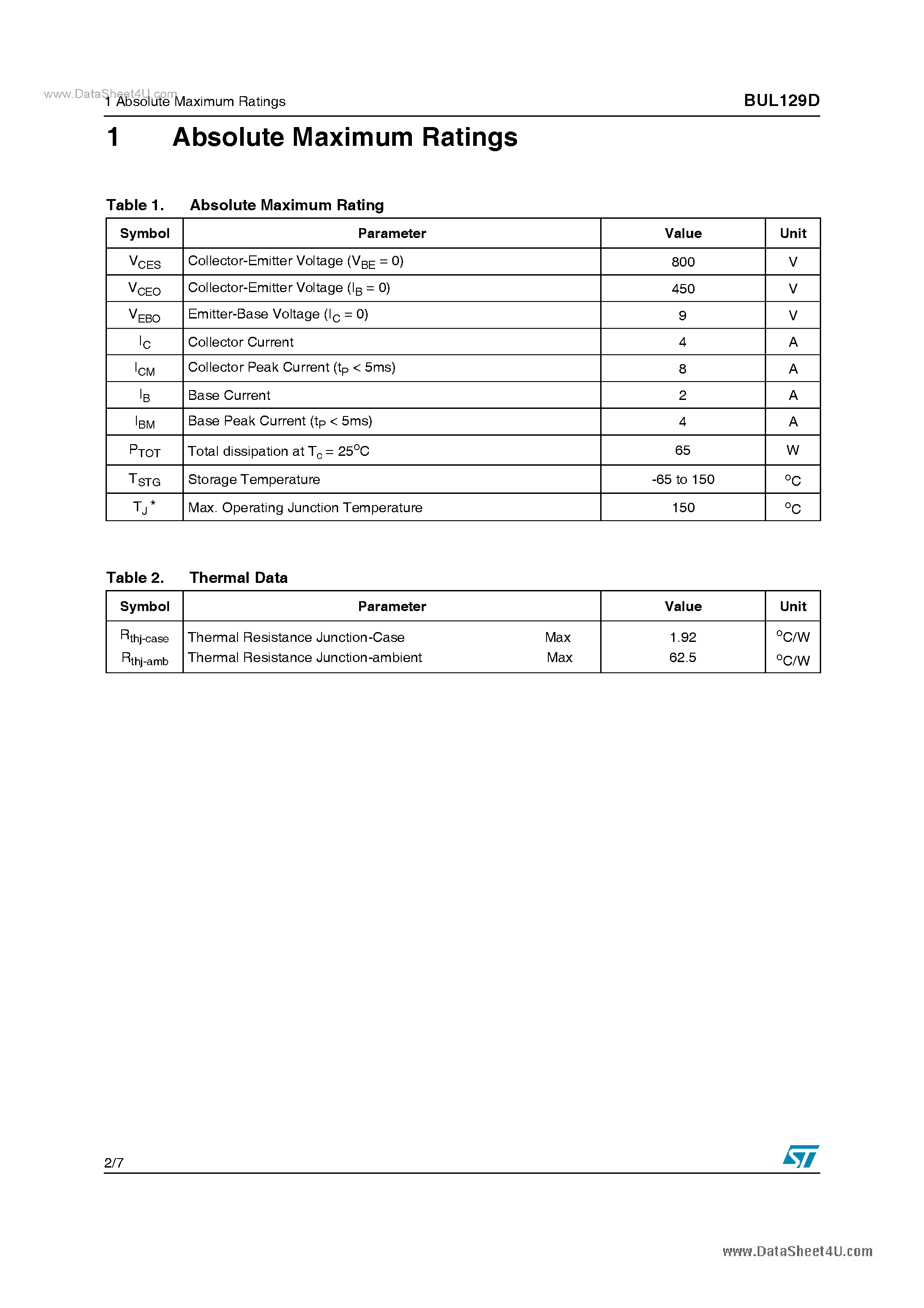 Datasheet BUL129D page 2 Datasheet BUL129D - High voltage fast-switching NPN power transistor page 2