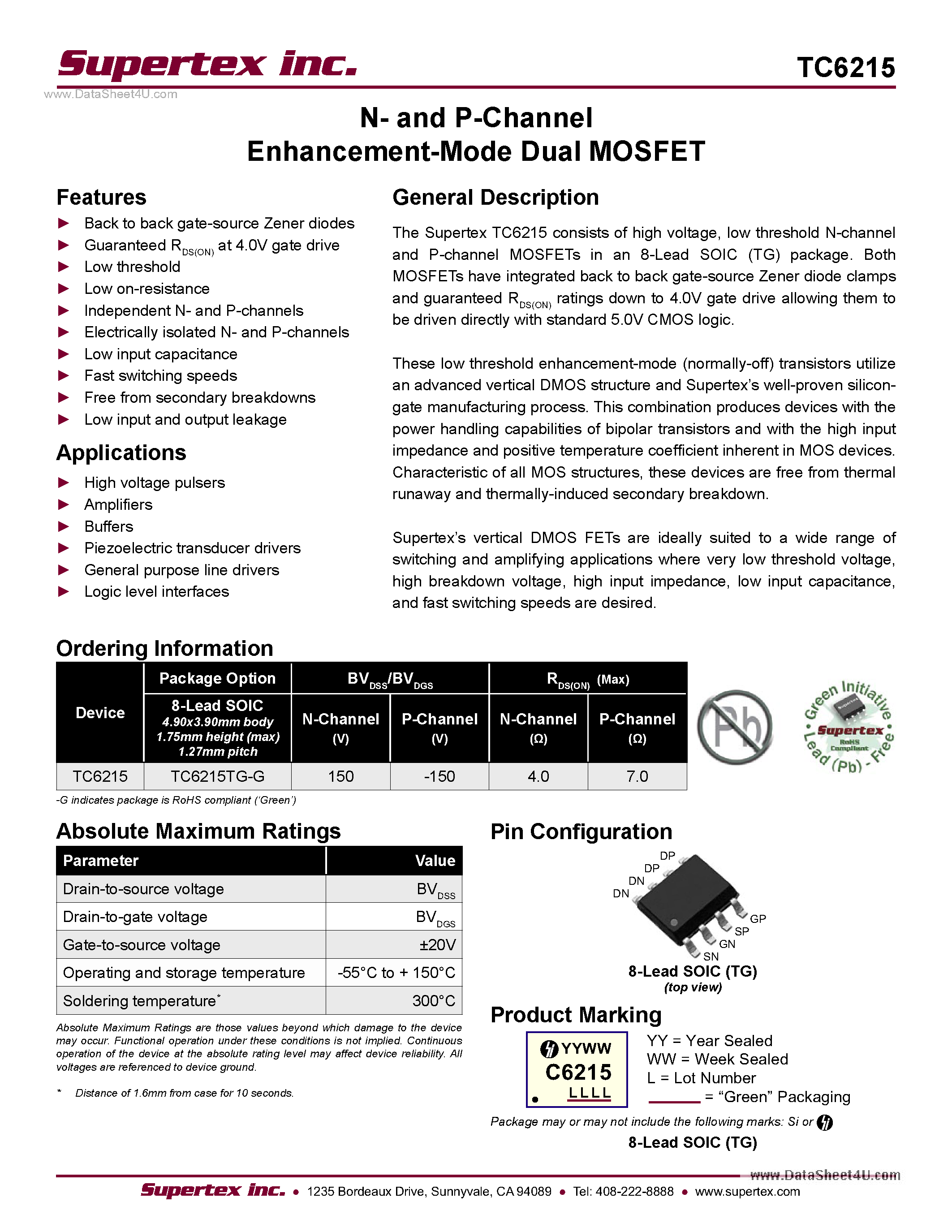 Даташит TC6215 - Enhancement-Mode Dual MOSFET страница 1