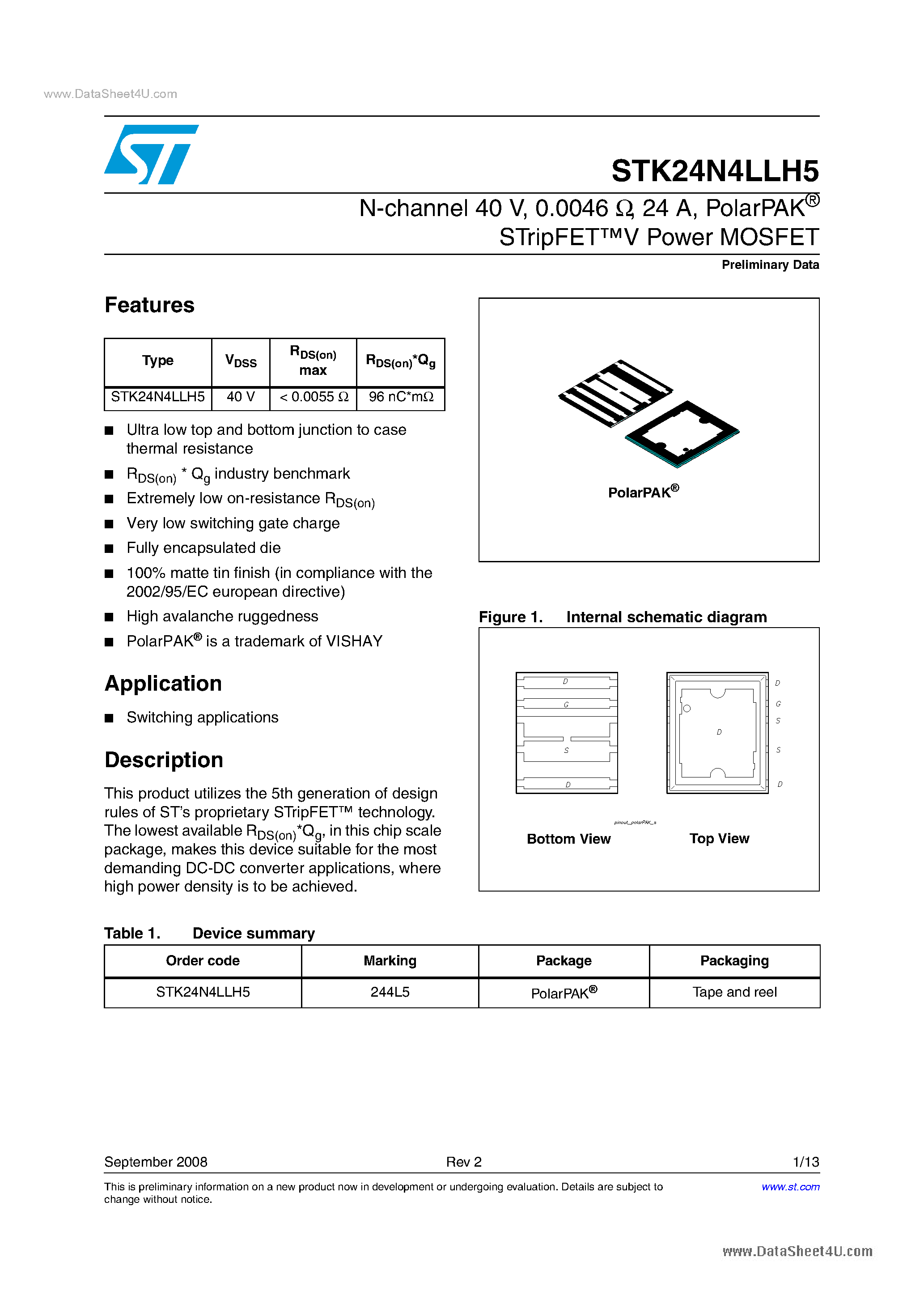 Даташит на микросхему STK24N4LLH5 страница 1 Даташит STK24N4LLH5 - N-channel Power MOSFET страница 1