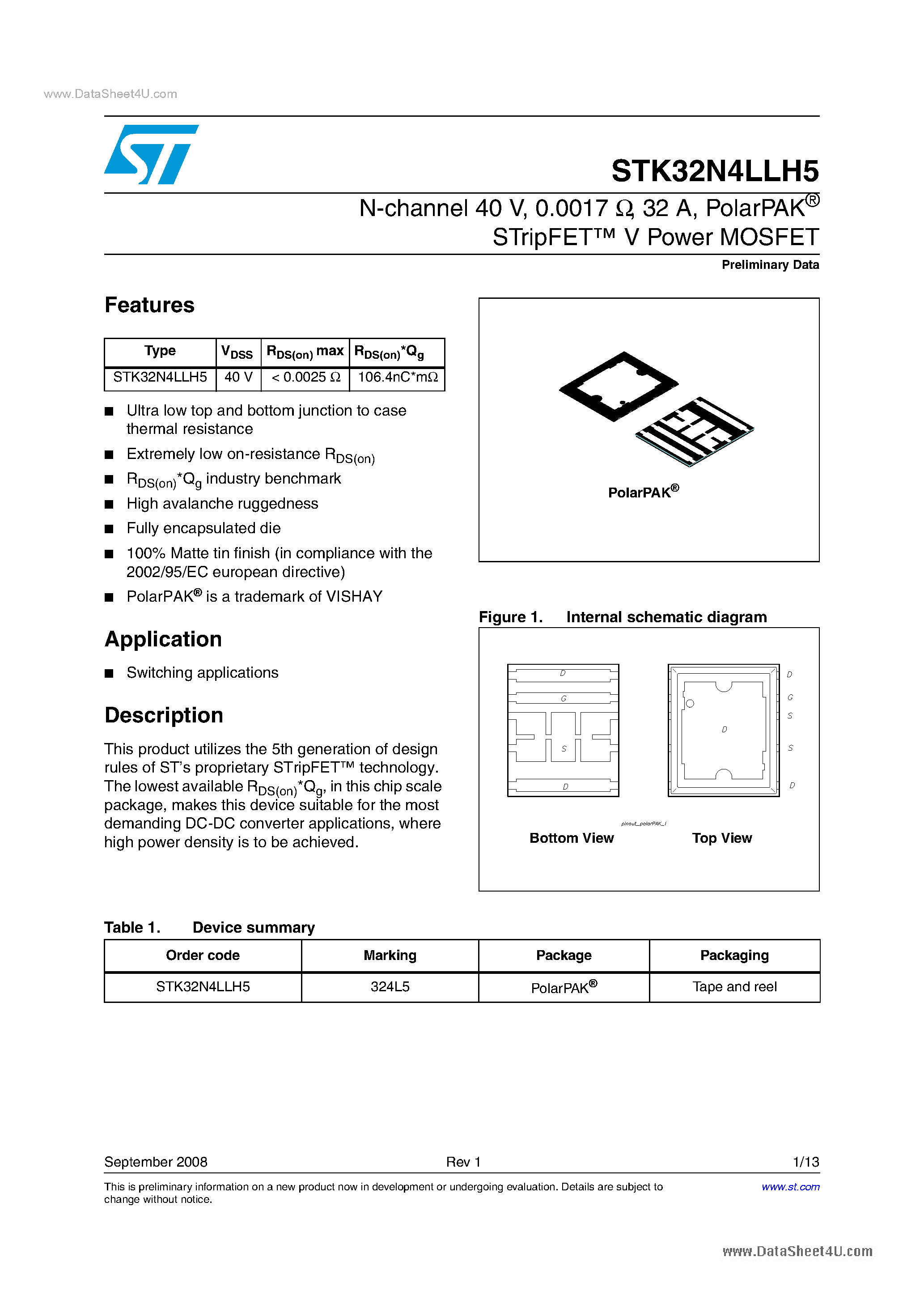 Datasheet STK32N4LLH5 - Power MOSFET page 1
