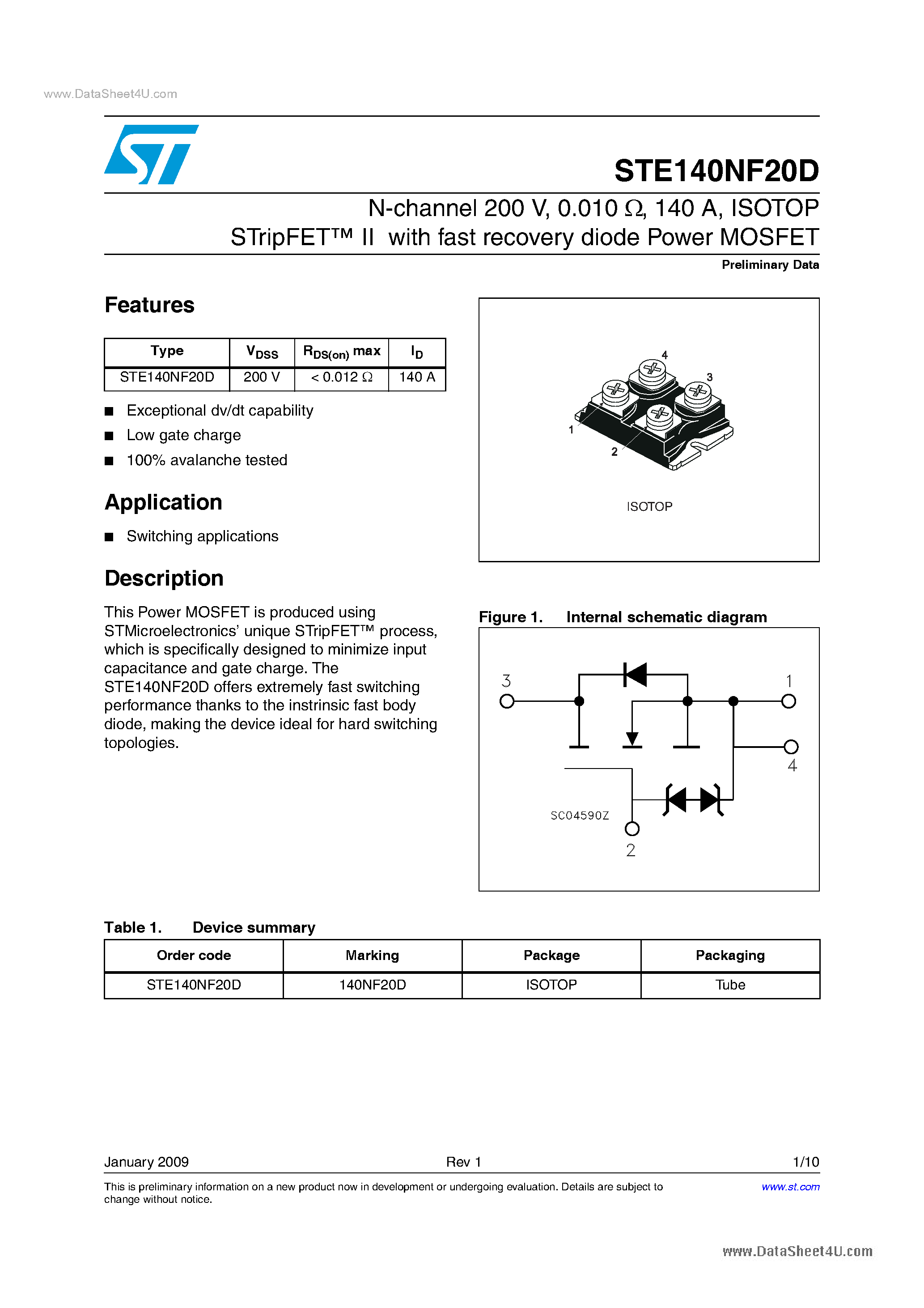 Datasheet STE140NF20D page 1 Datasheet STE140NF20D - Power MOSFET page 1