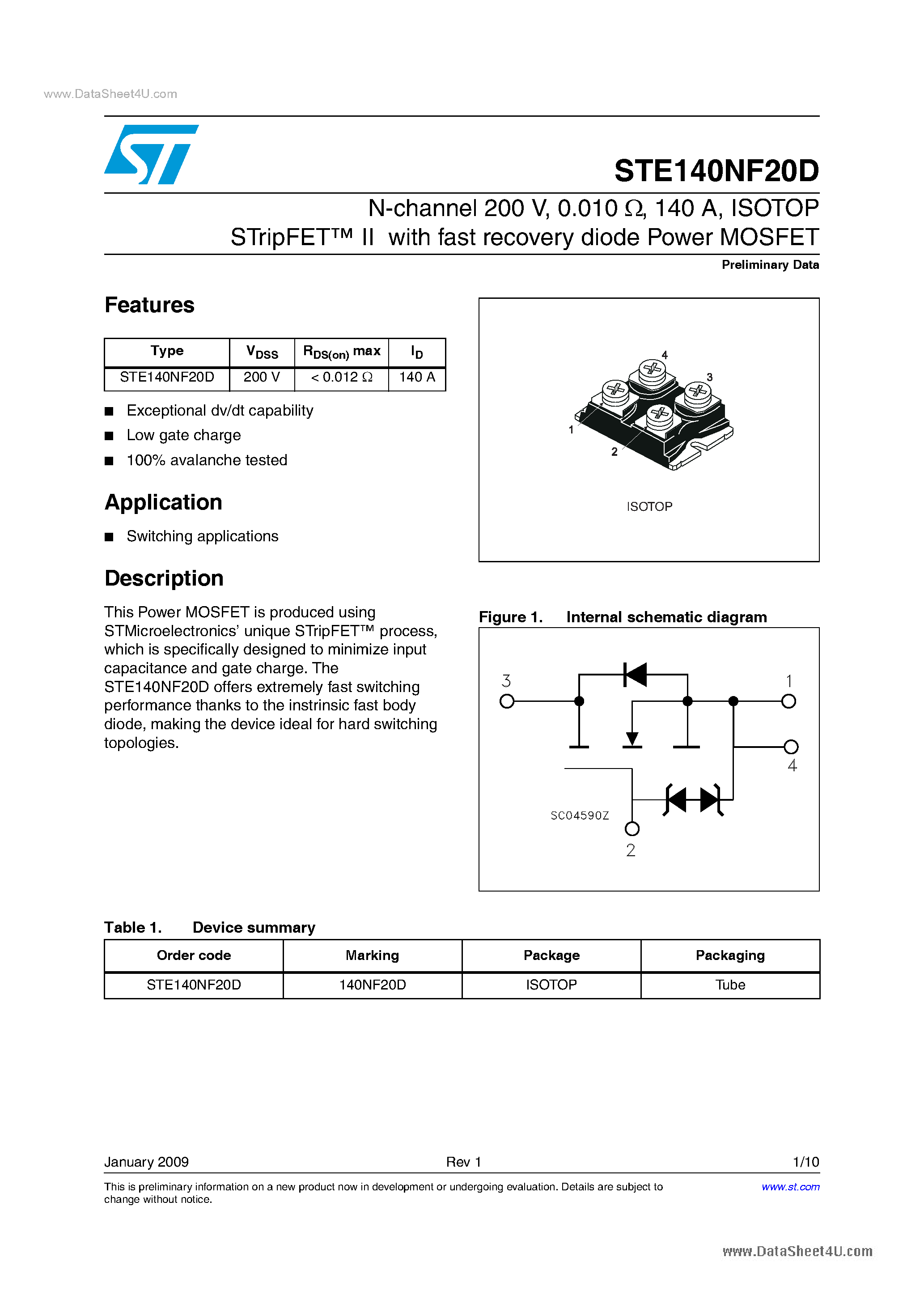 Datasheet STE140NF20D - Power MOSFET page 1