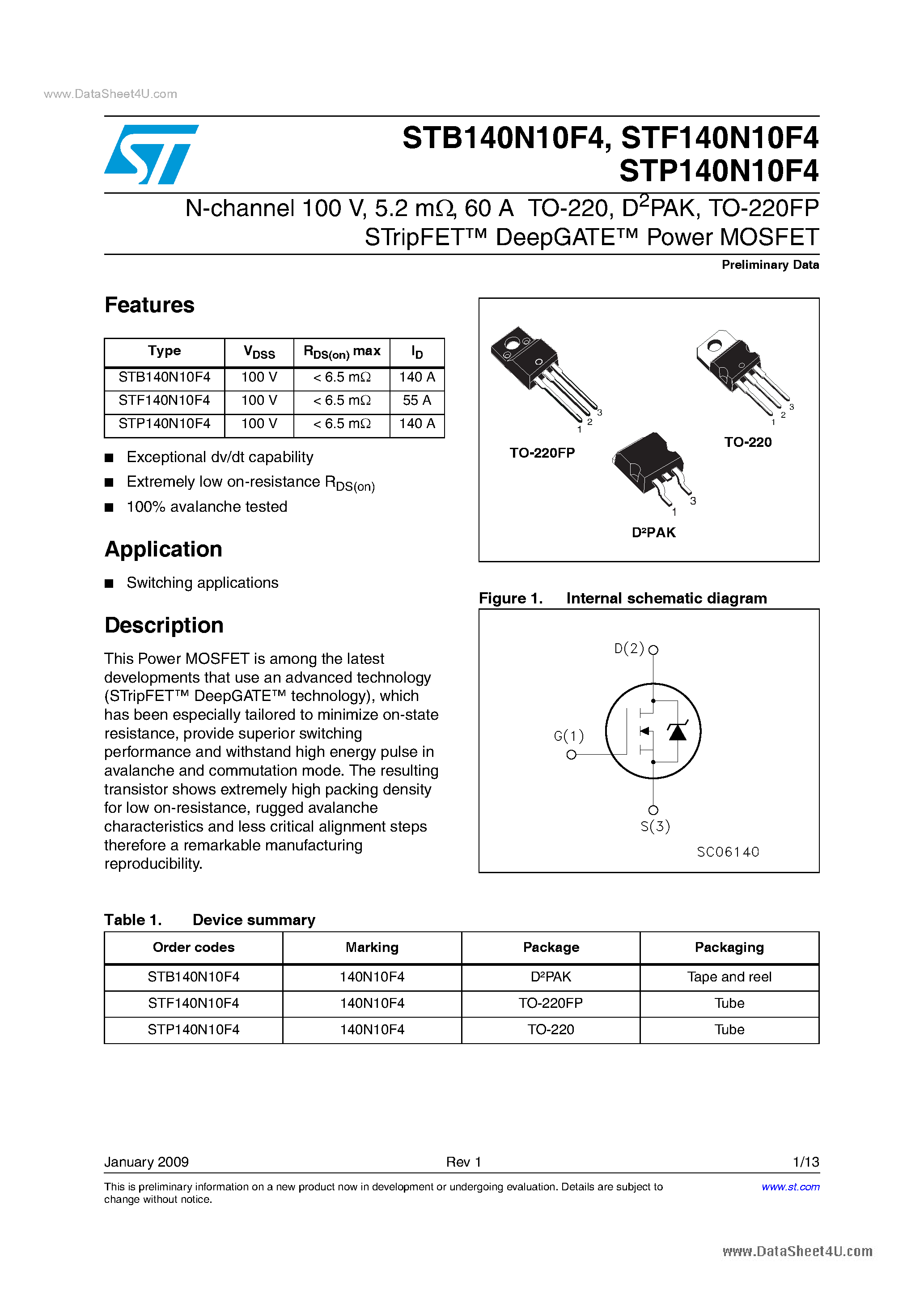 Datasheet STP140N10F4 page 1 Datasheet STP140N10F4 - Power MOSFET page 1