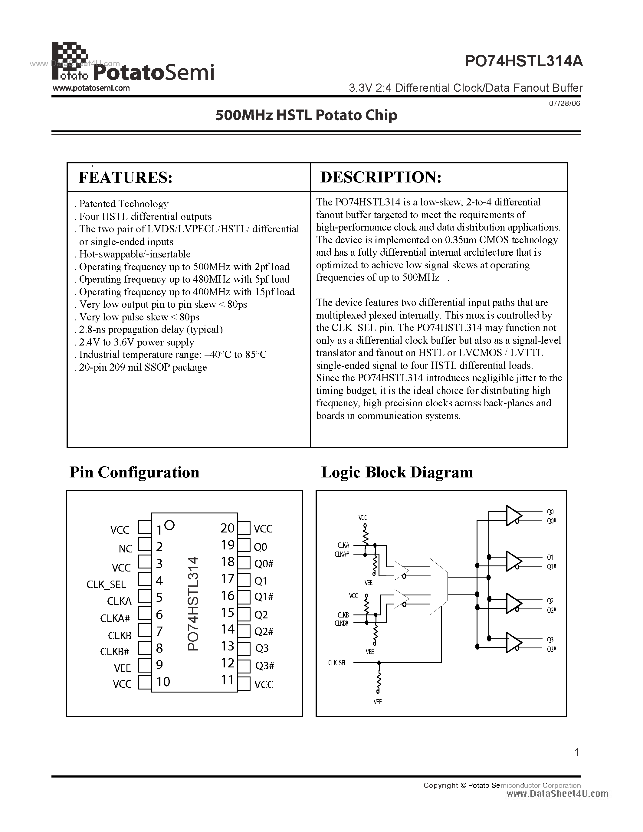 Datasheet PO74HSTL314A - 3.3V 2:4 Differential Clock/Data Fanout Buffer page 1