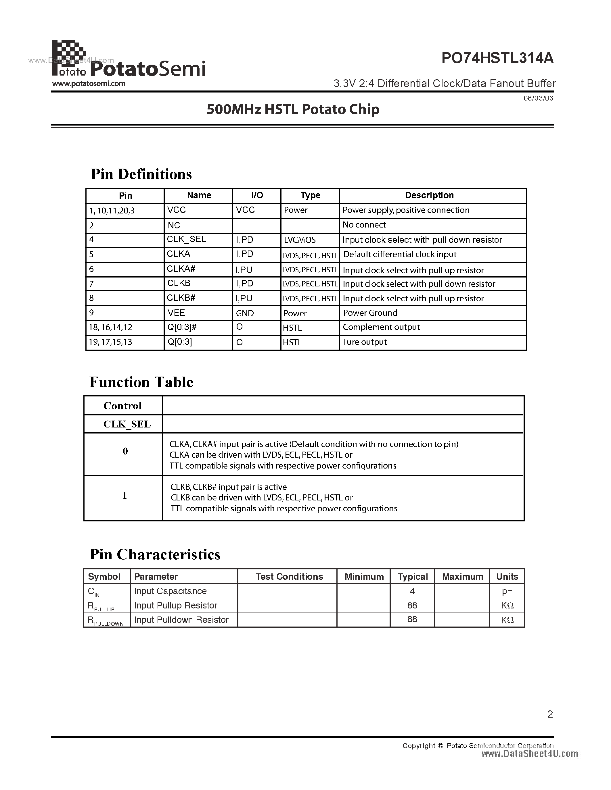 Datasheet PO74HSTL314A - 3.3V 2:4 Differential Clock/Data Fanout Buffer page 2