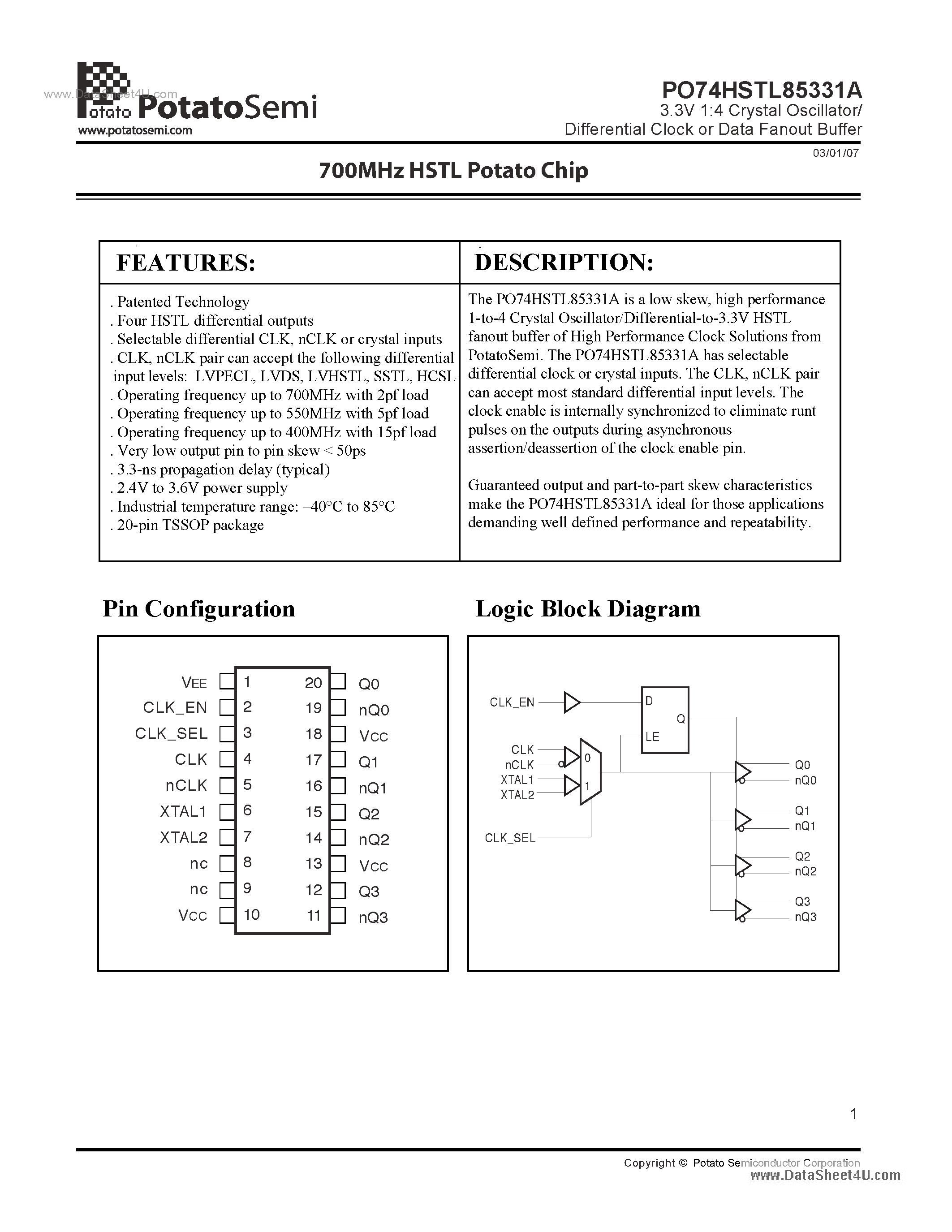 Datasheet PO74HSTL85331A - 3.3V 1:4 Crystal Oscillator/ Differential Clock or Data Fanout Buffer page 1