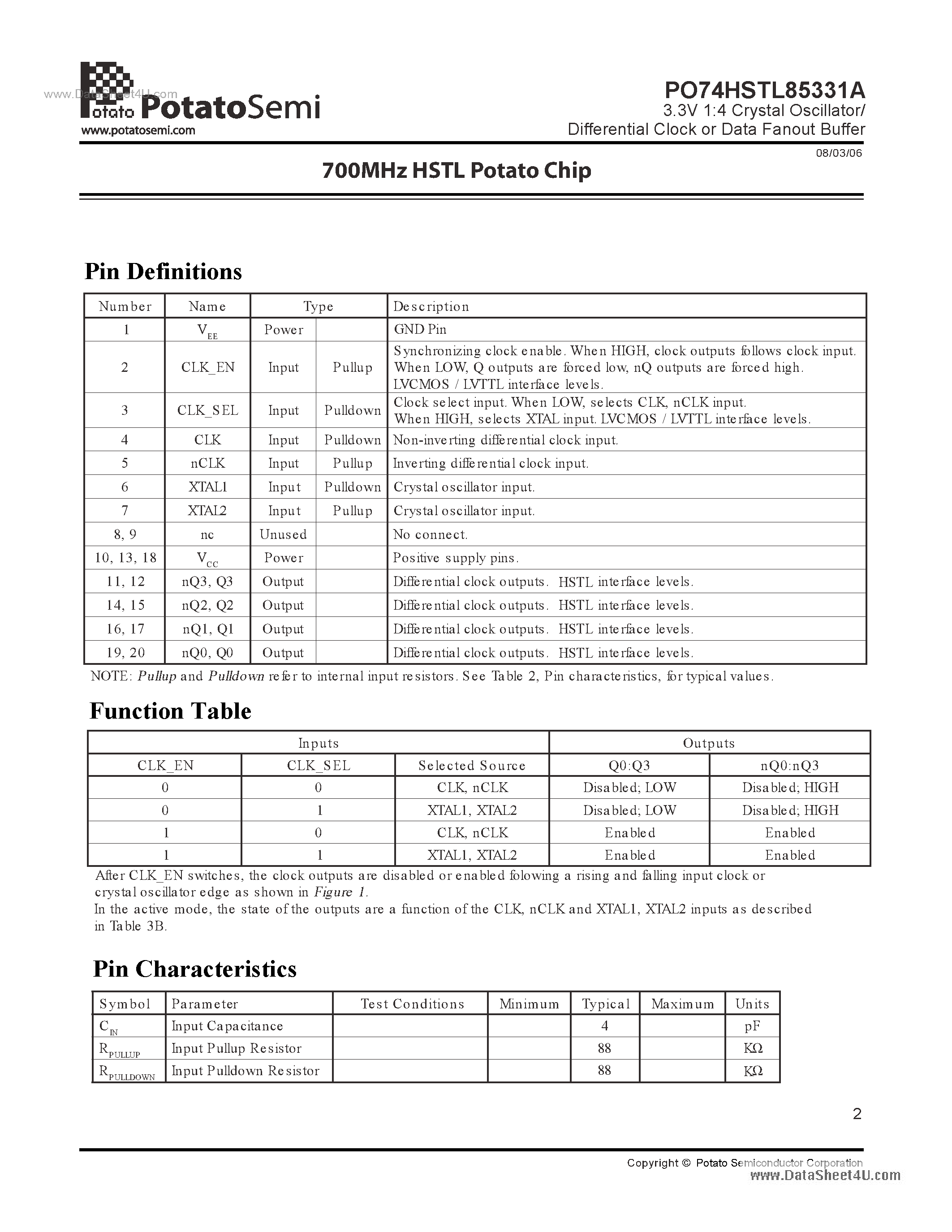 Datasheet PO74HSTL85331A - 3.3V 1:4 Crystal Oscillator/ Differential Clock or Data Fanout Buffer page 2