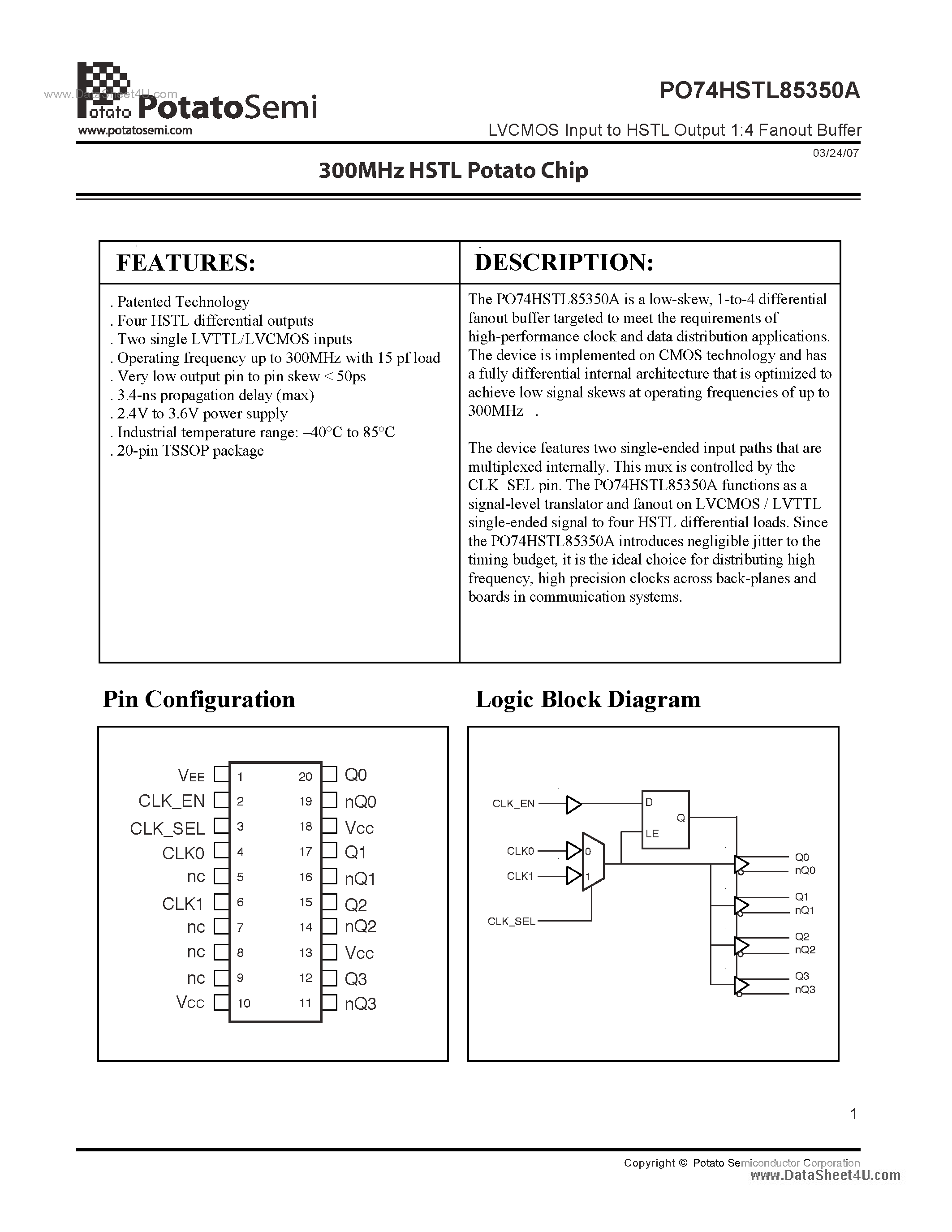 Datasheet PO74HSTL85350A - LVCMOS Input to HSTL Output 1:4 Fanout Buffer page 1