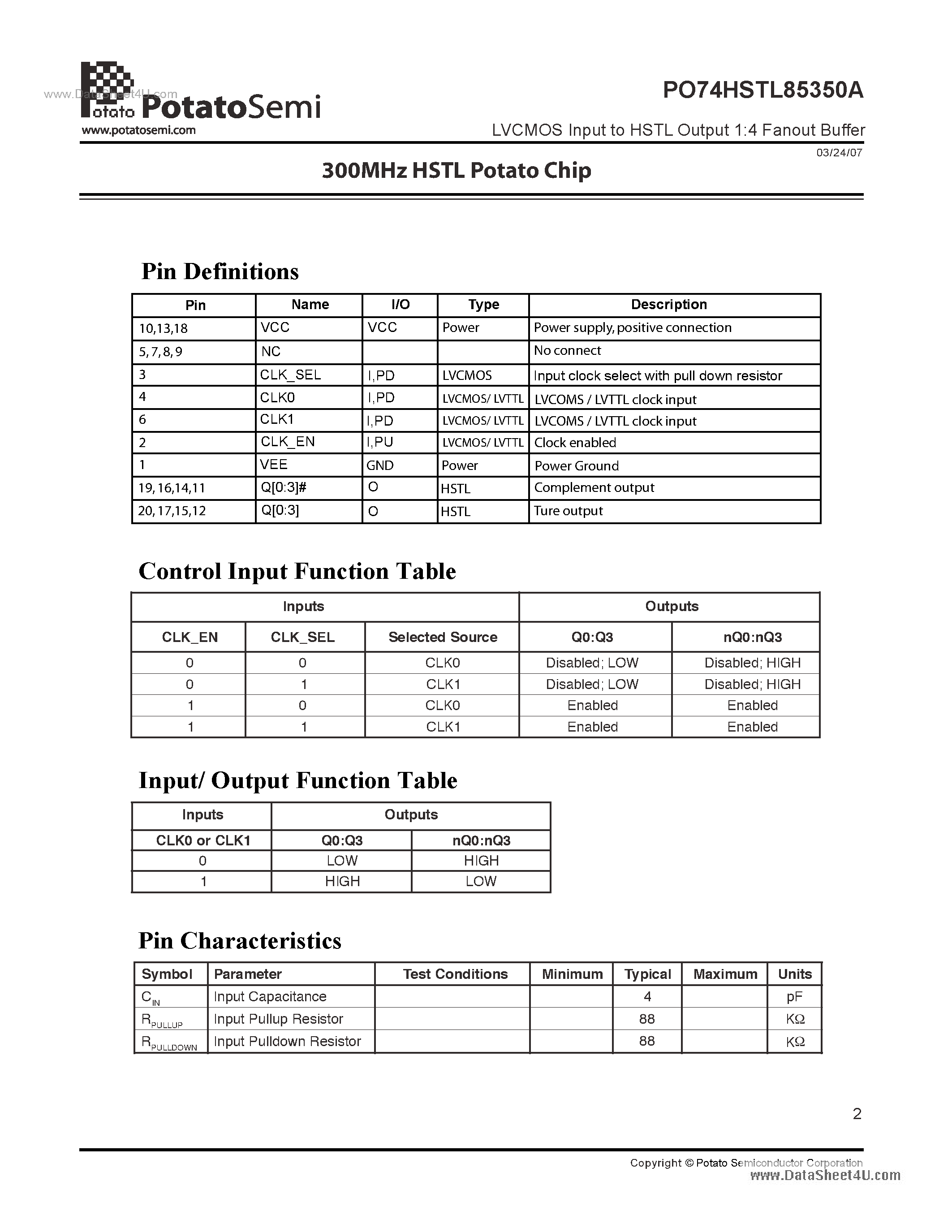 Datasheet PO74HSTL85350A - LVCMOS Input to HSTL Output 1:4 Fanout Buffer page 2