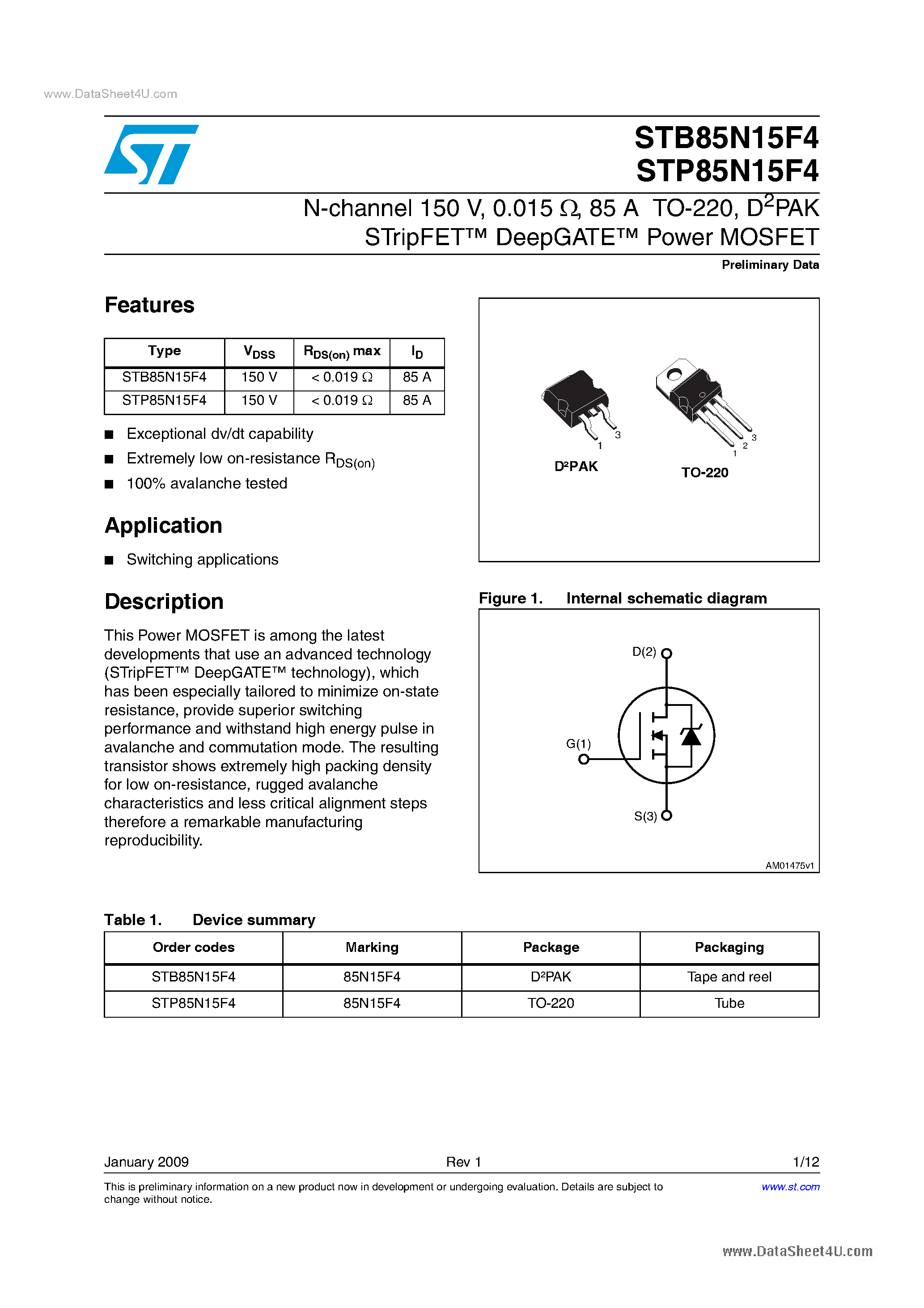 Datasheet STP85N15F4 - Power MOSFET page 1