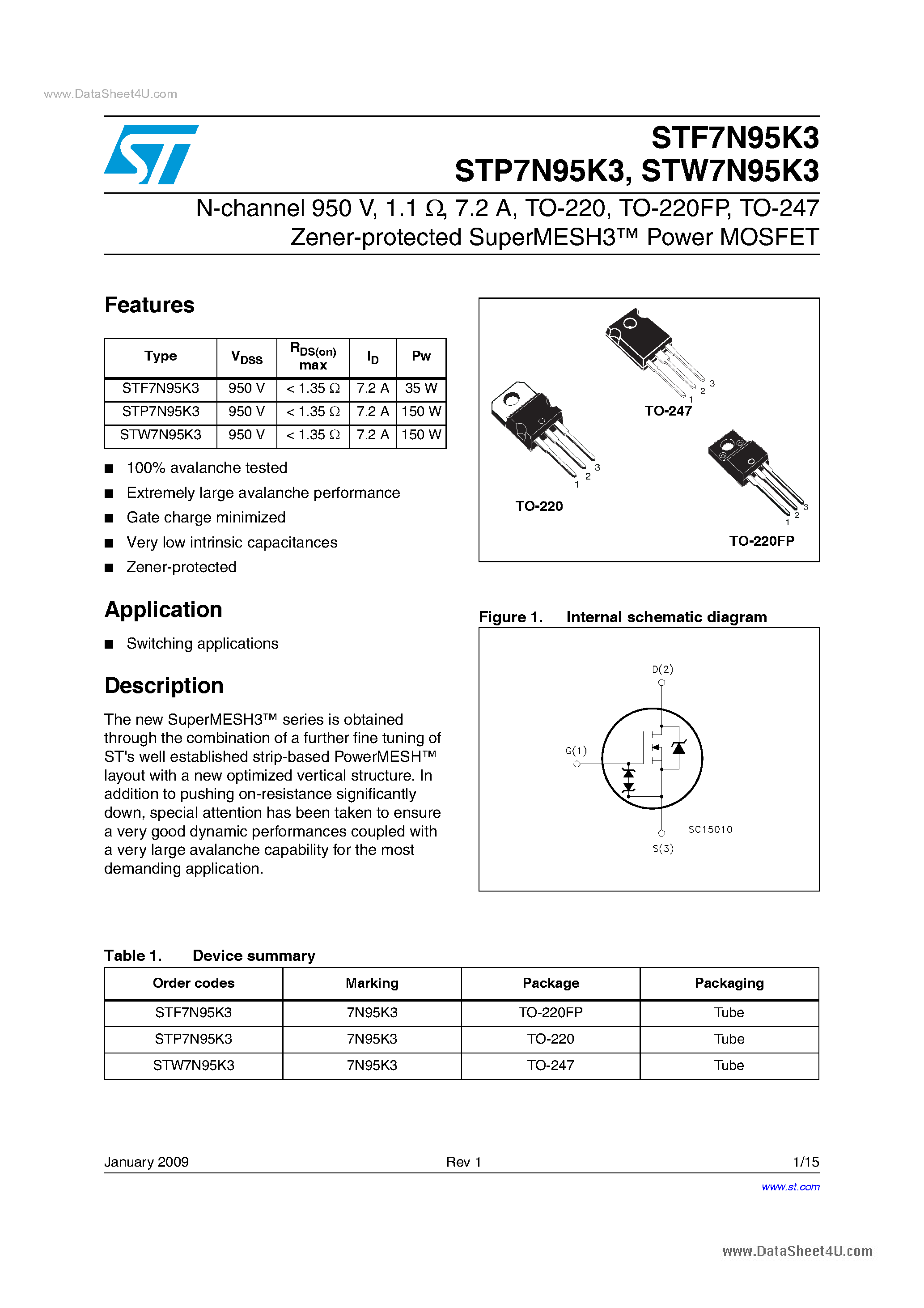 Datasheet STP7N95K3 page 1 Datasheet STP7N95K3 - Power MOSFET page 1