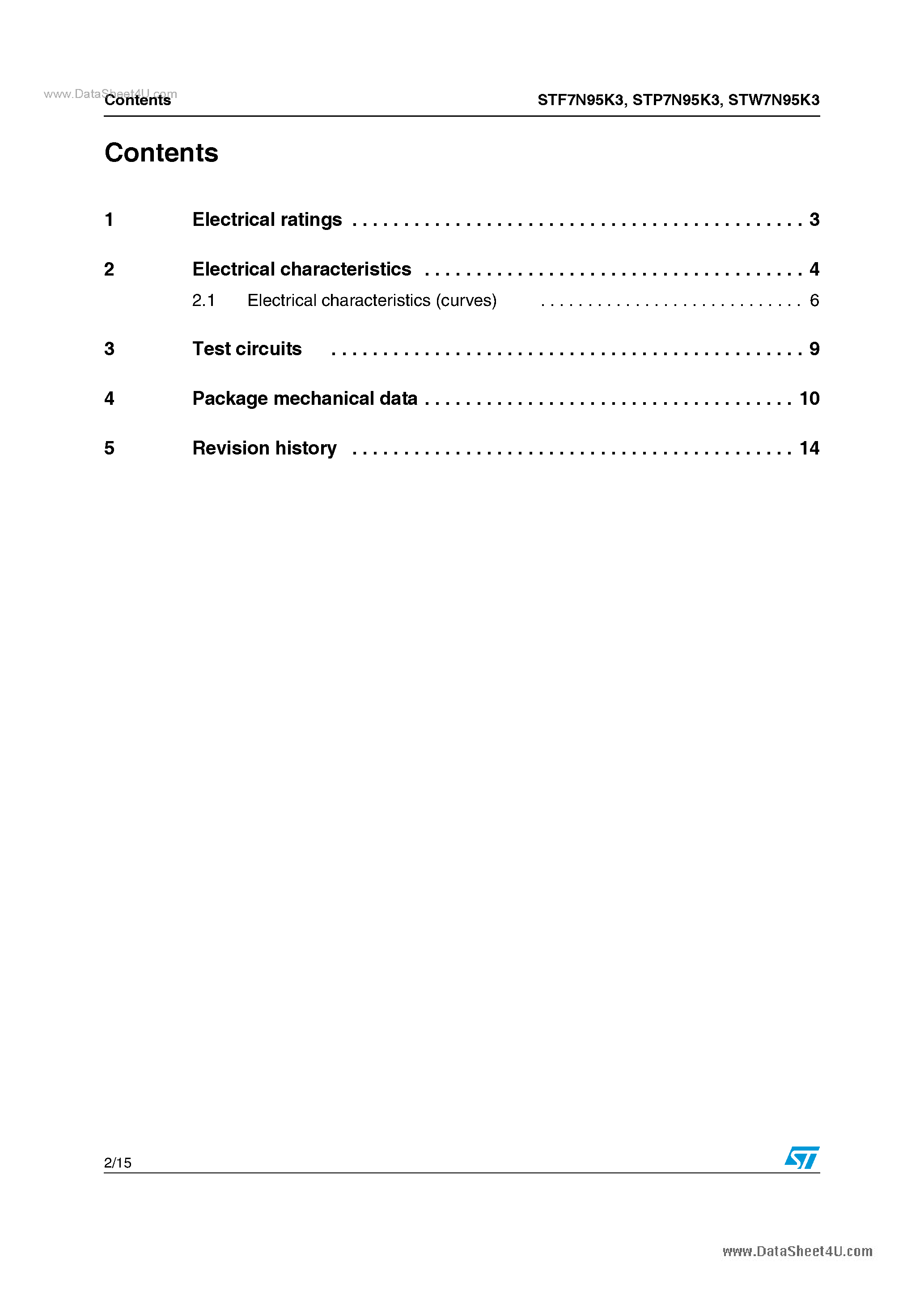 Datasheet STP7N95K3 page 2 Datasheet STP7N95K3 - Power MOSFET page 2