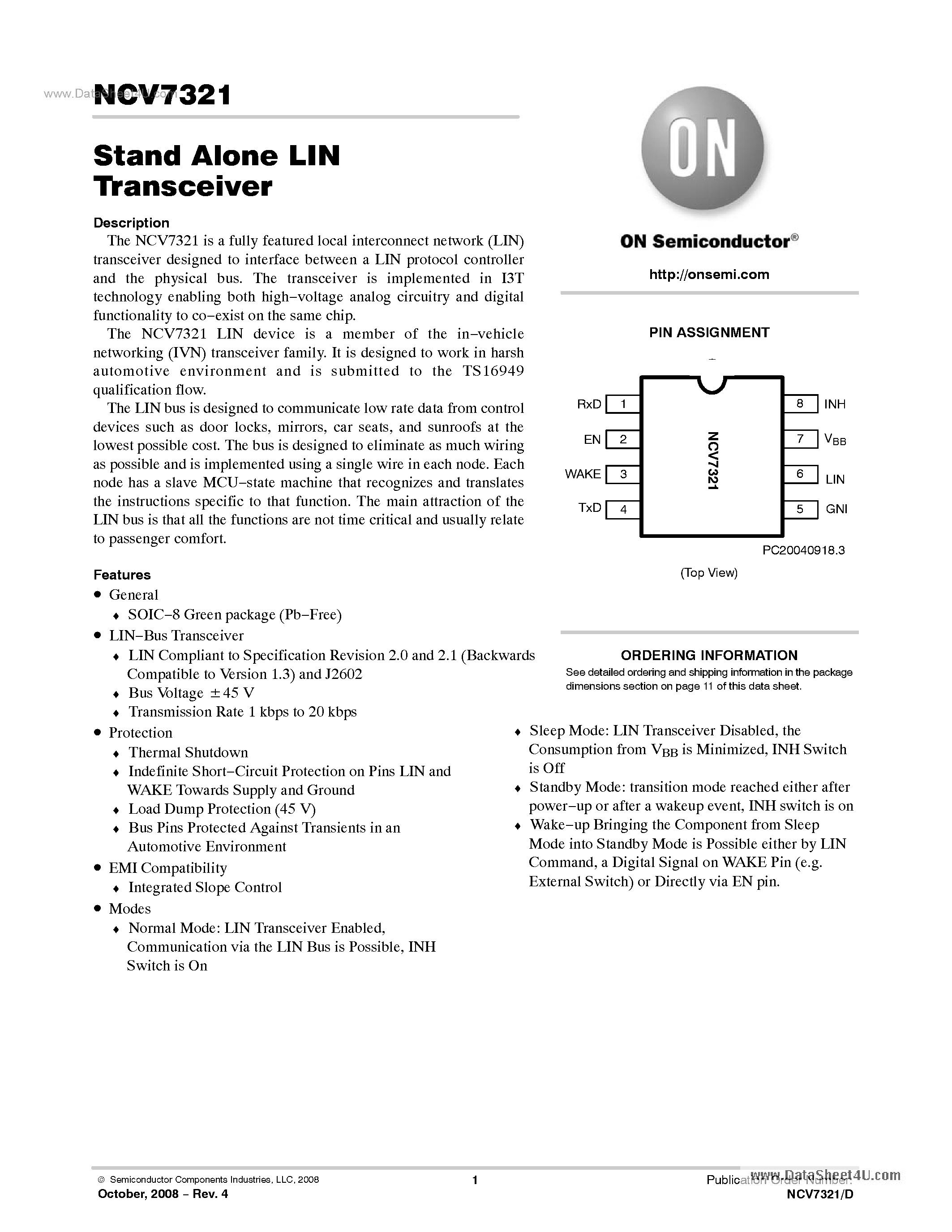 Даташит NCV7321 - Stand Alone LIN Transceiver страница 1