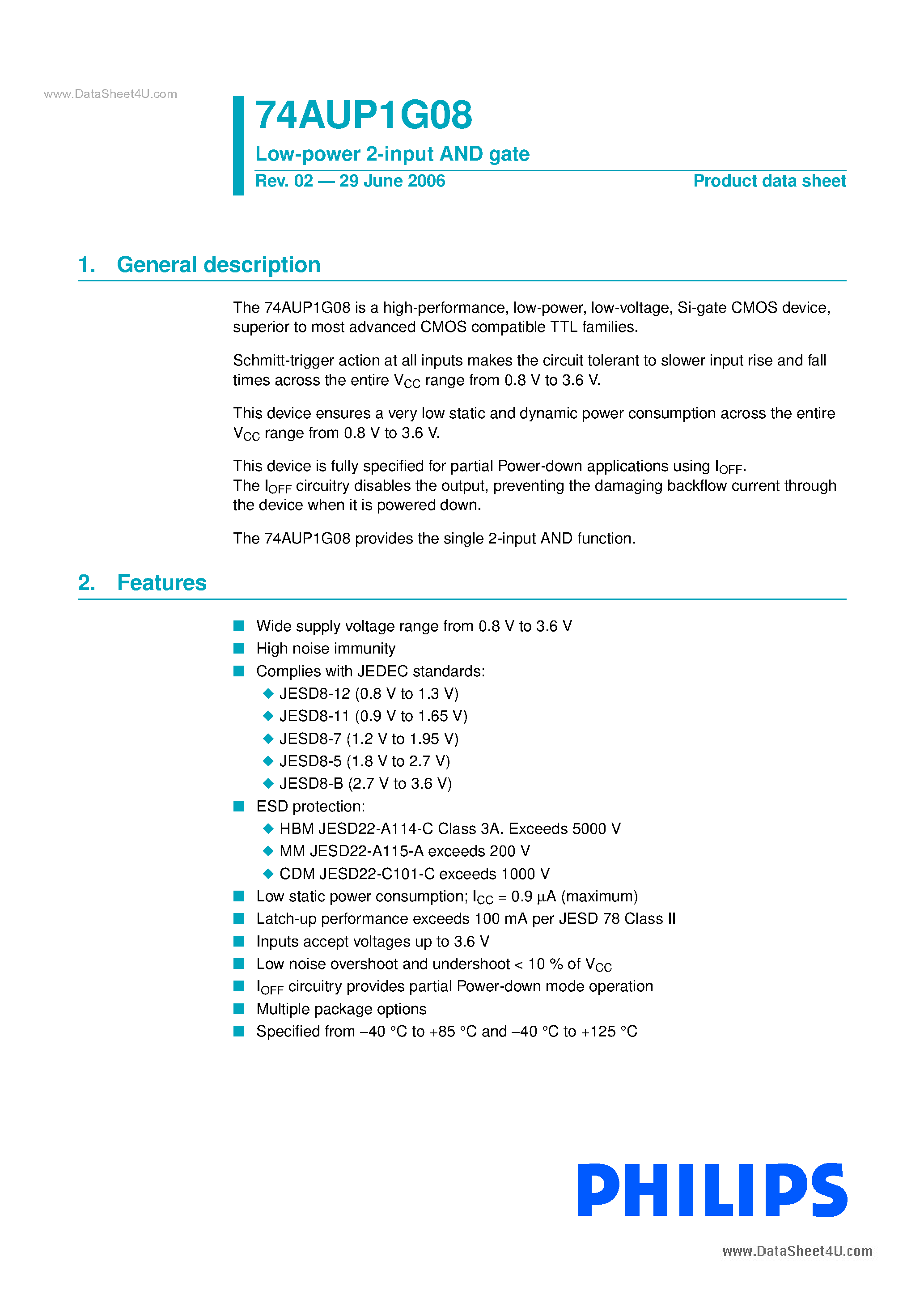 Datasheet 74AUP1G08 page 1 Datasheet 74AUP1G08 - Low-power 2-input AND gate page 1