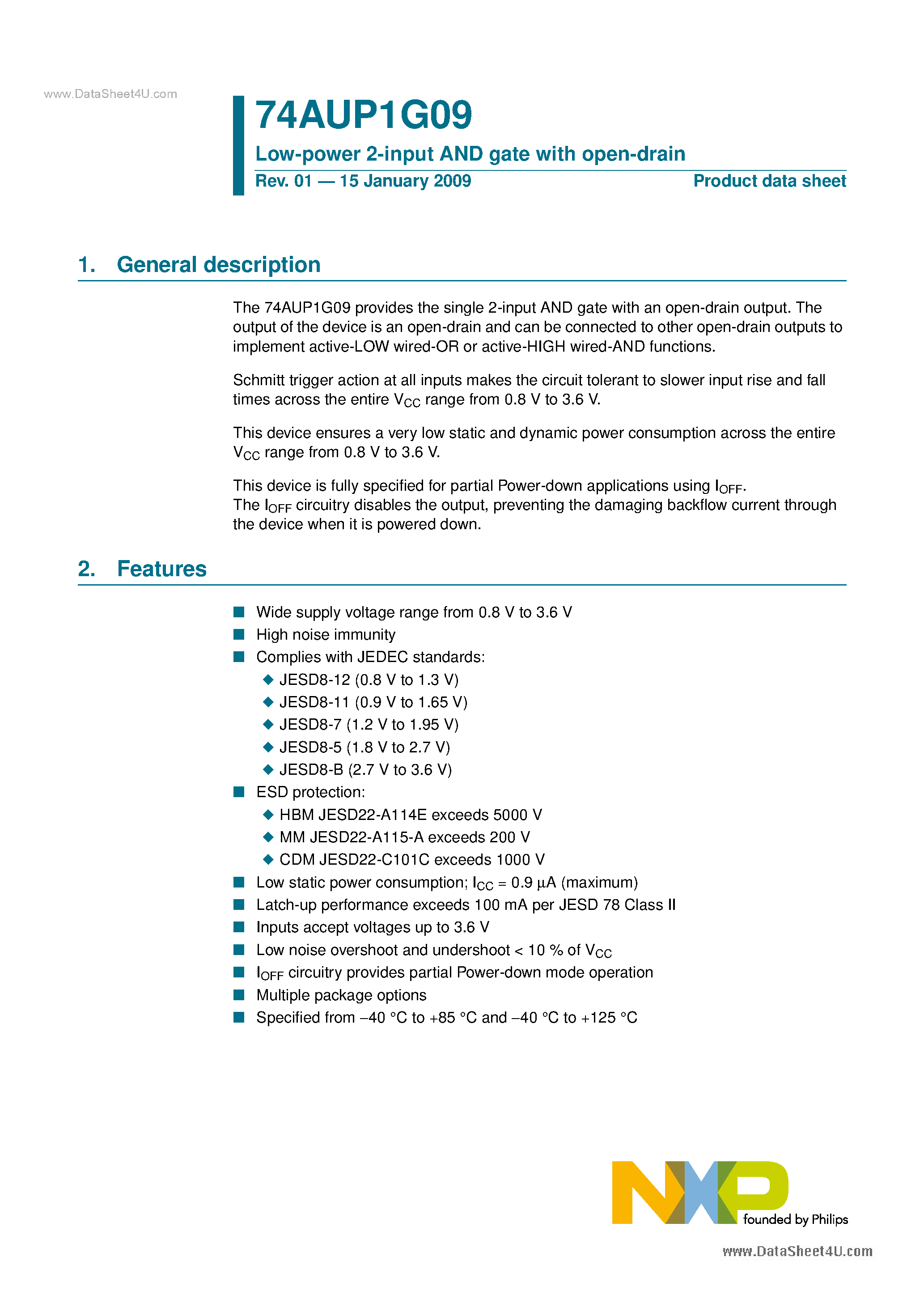 Datasheet 74AUP1G09 - Low-power 2-input AND Gate page 1