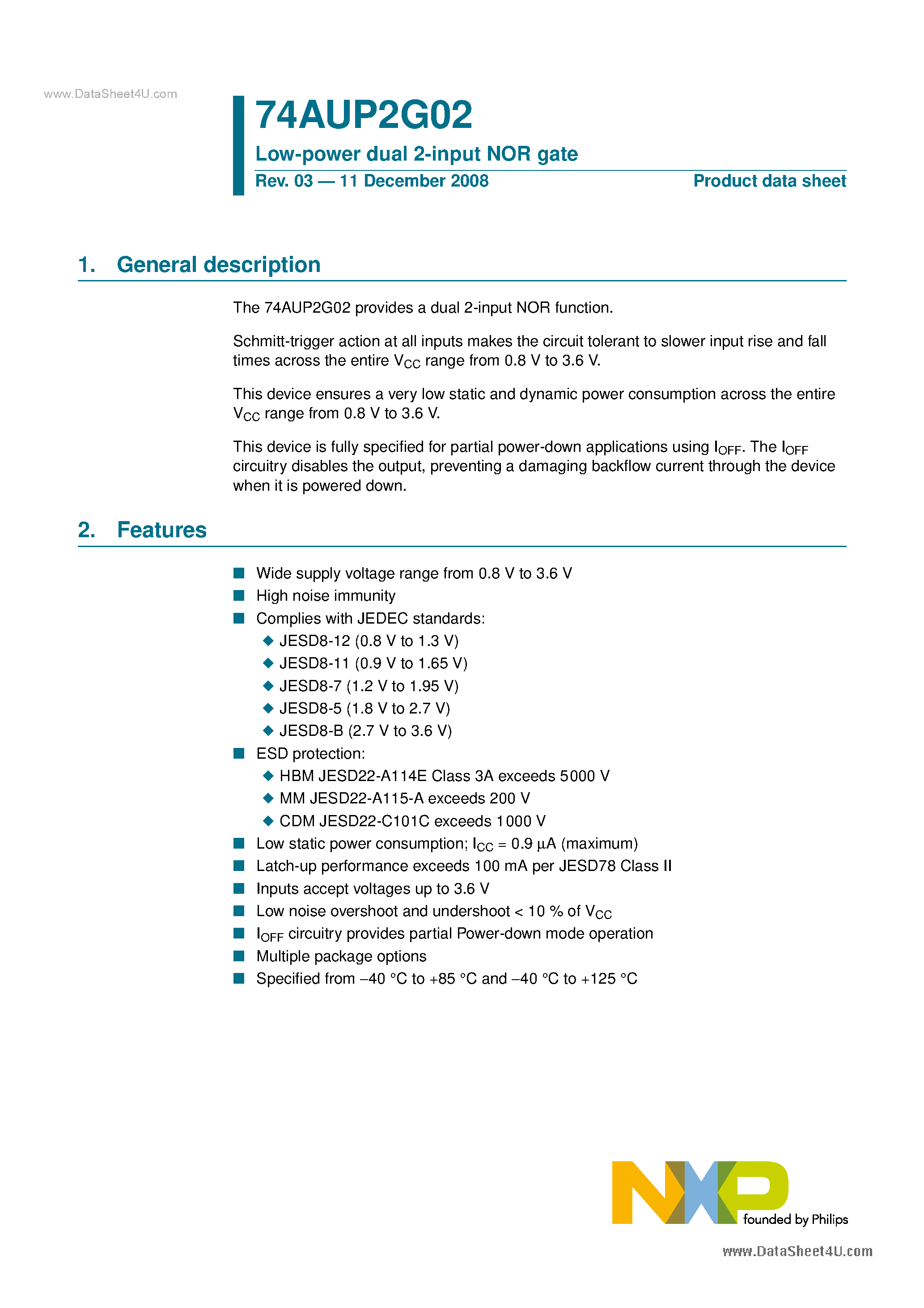 Datasheet 74AUP2G02 - Low-power Dual 2-input NOR Gate page 1