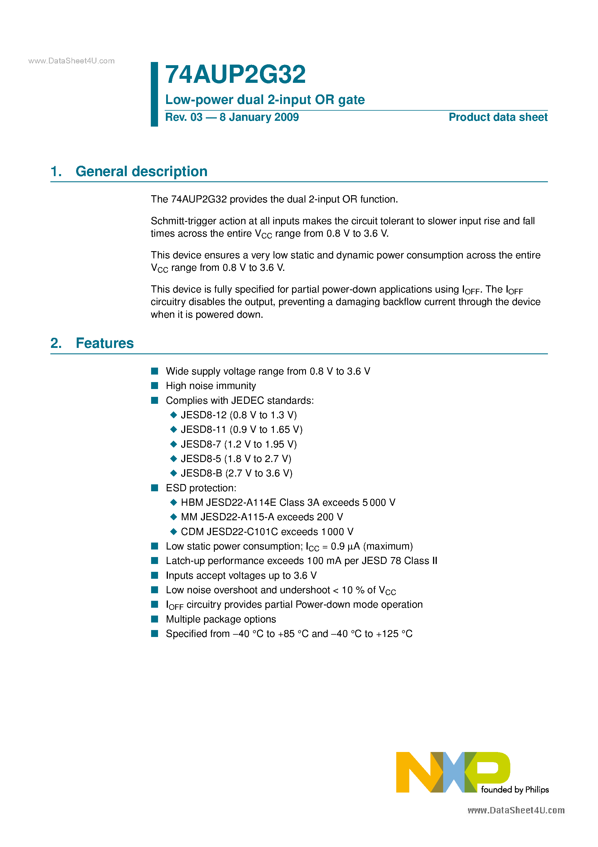 Datasheet 74AUP2G32 page 1 Datasheet 74AUP2G32 - Low-power Dual 2-input OR Gate page 1