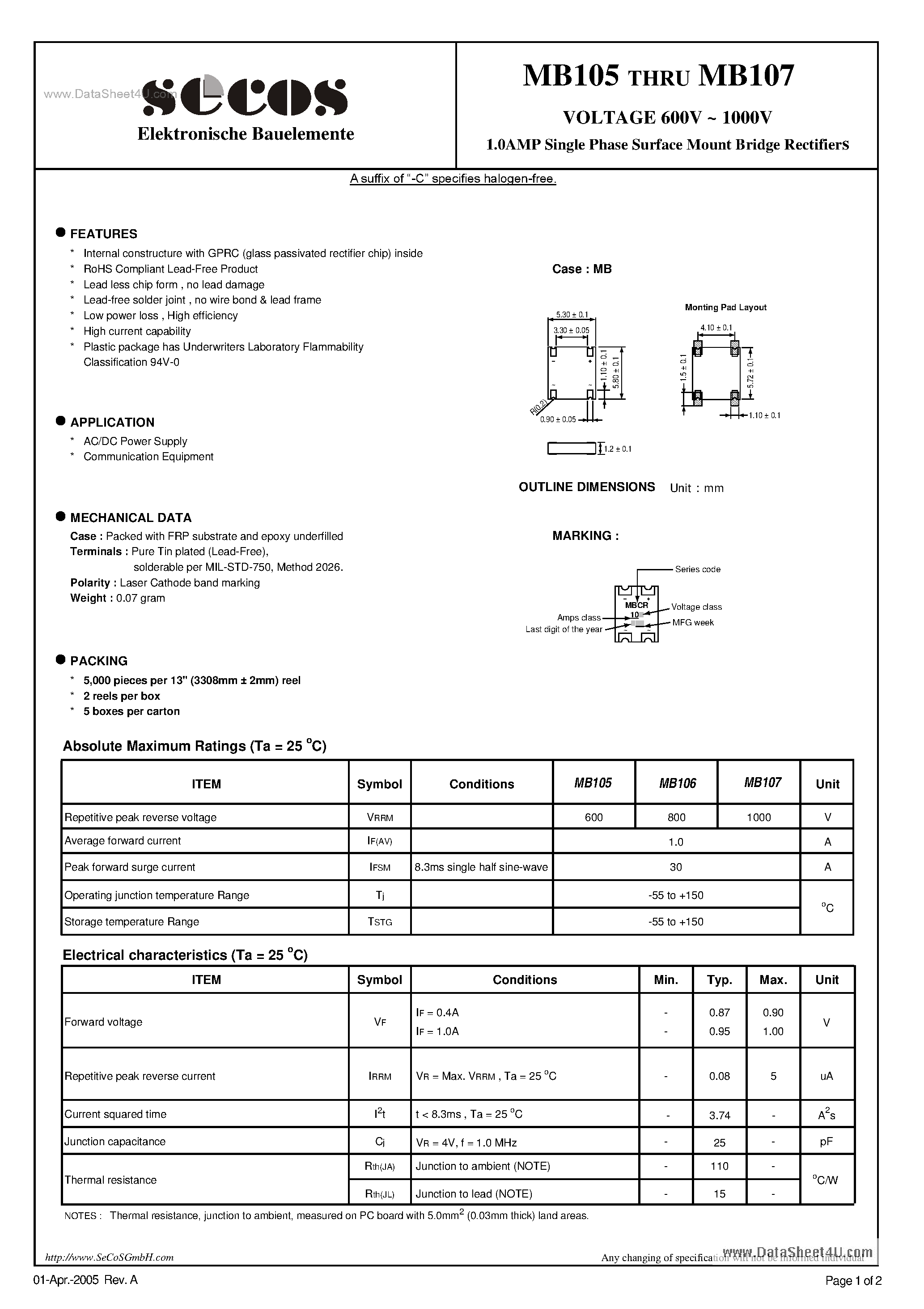 Datasheet MB105 page 1 Datasheet MB105 - (MB105 - MB107) 1.0AMP Single Phase Surface Mount Bridge Rectifiers page 1