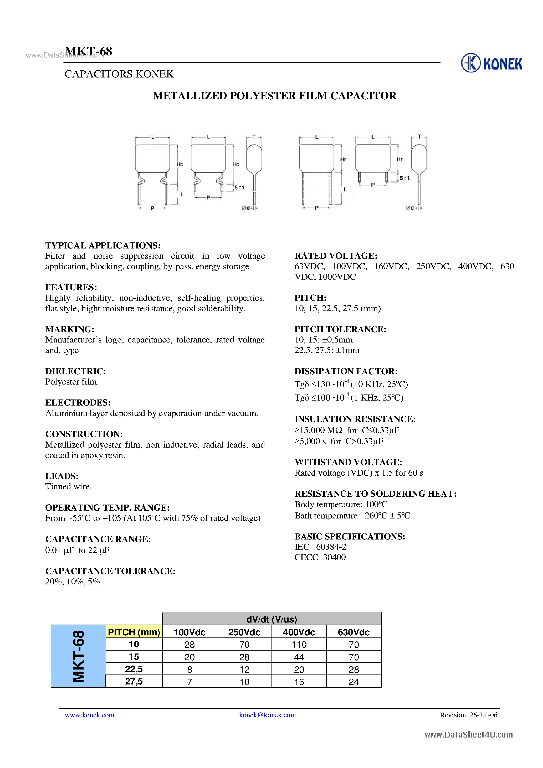 Datasheet MKT-68 - Capacitors page 1