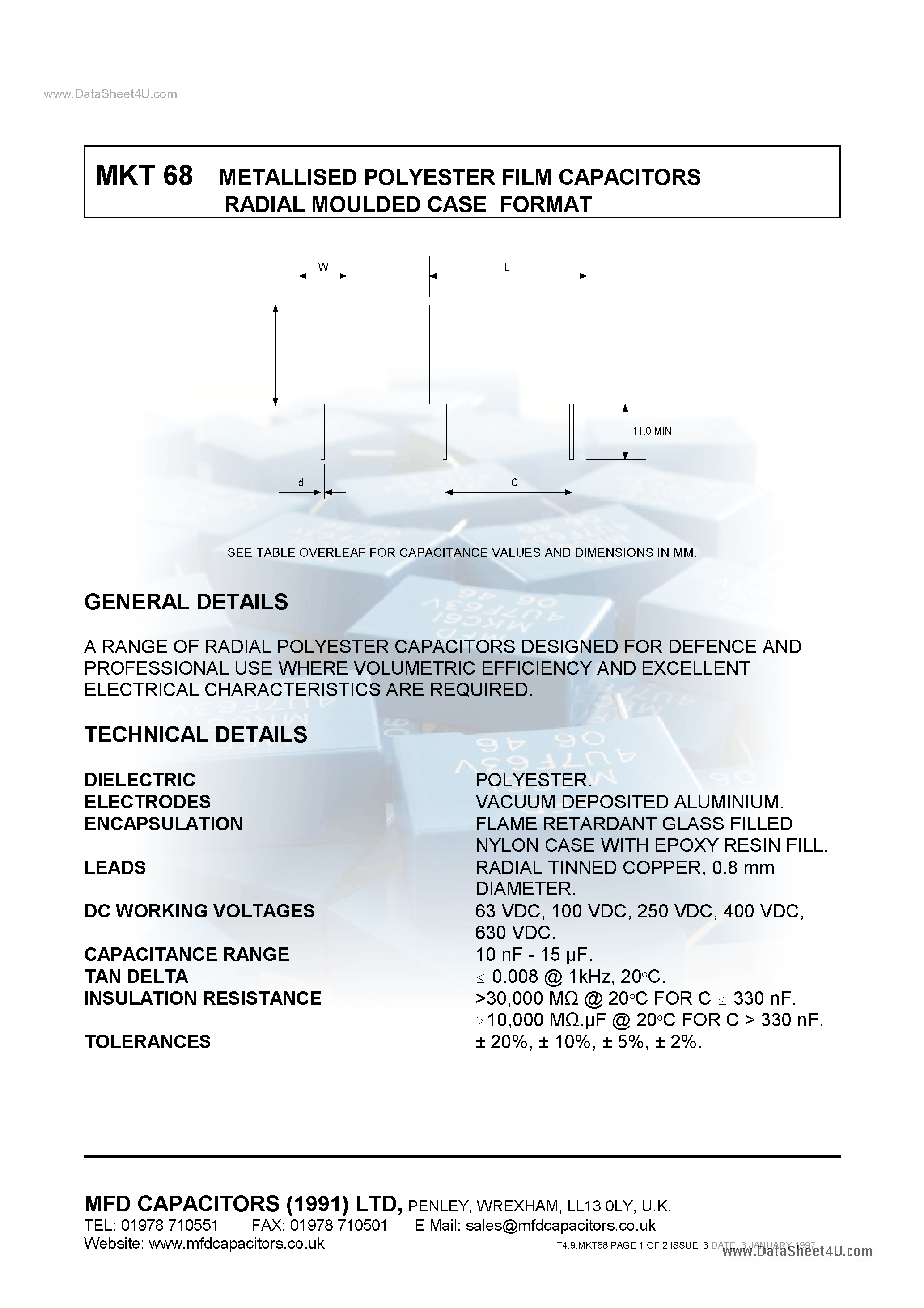 Datasheet MKT68 - Metallised Polyester Film Capacitors page 1