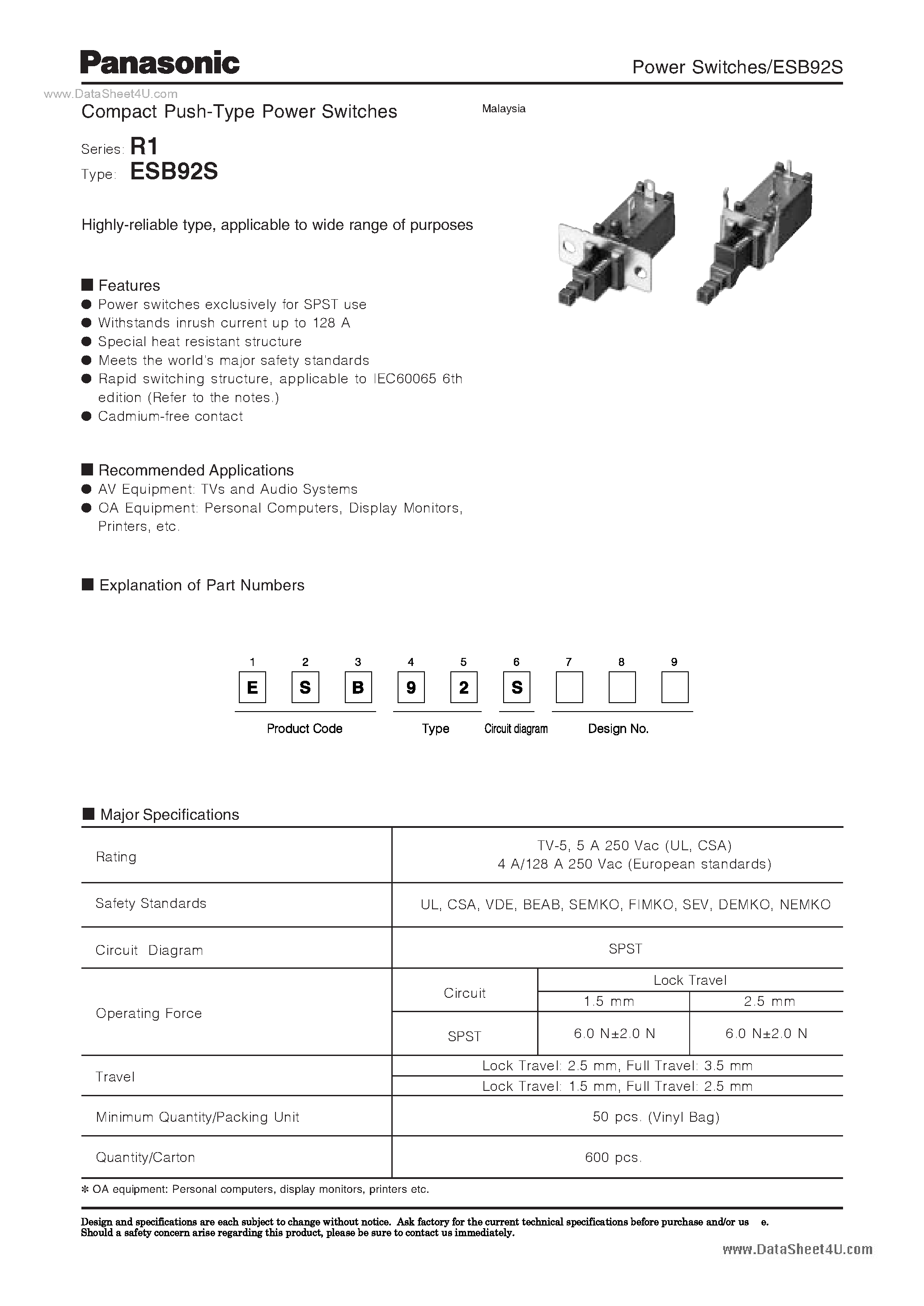 Даташит ESB92Sxxx - Compact Push-Type Power Switches страница 1