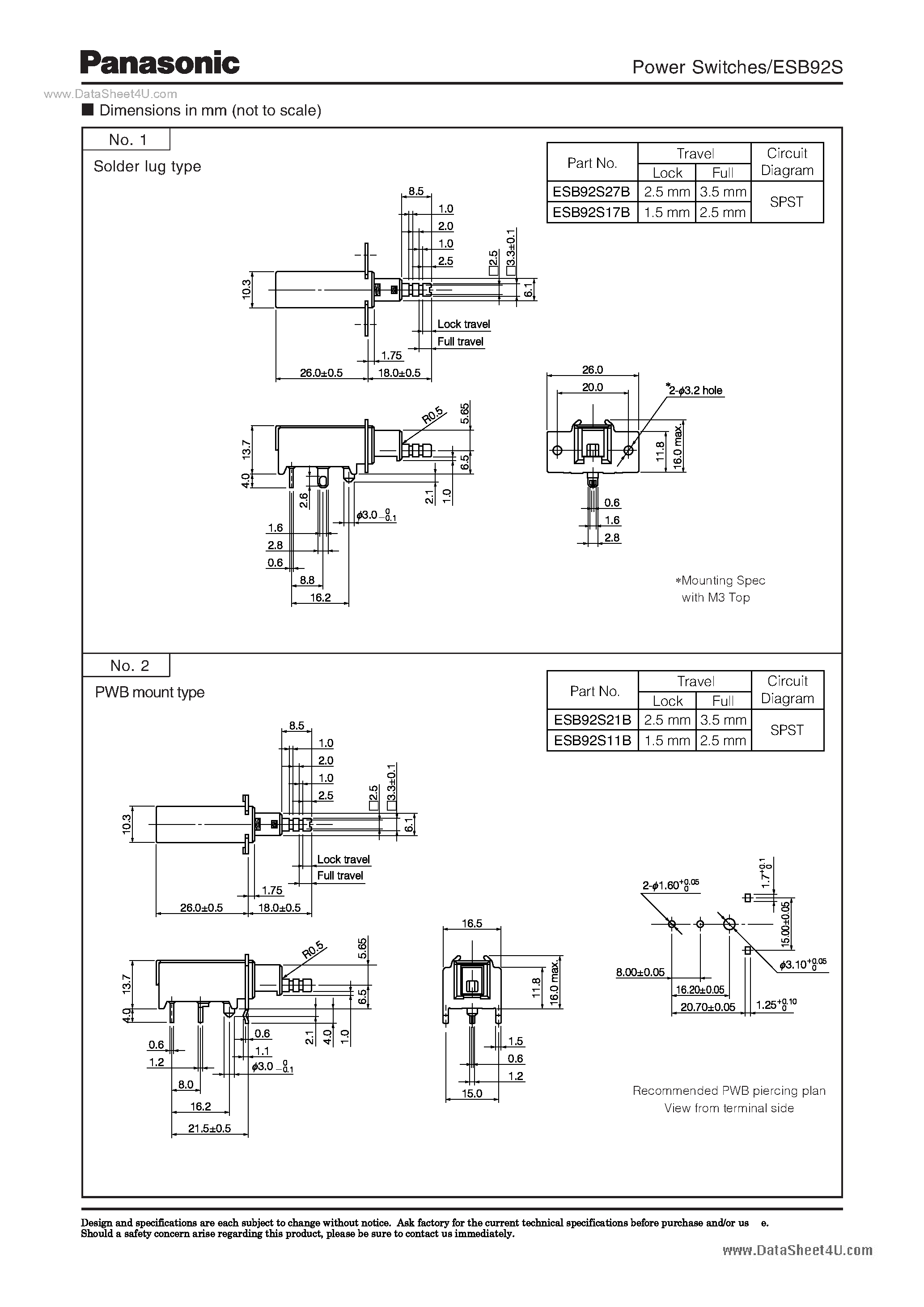 Даташит ESB92Sxxx - Compact Push-Type Power Switches страница 2